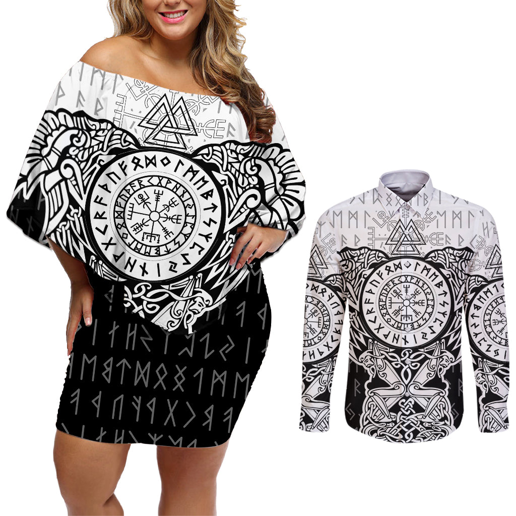 Viking Tattoo Couples Matching Off Shoulder Short Dress and Long Sleeve Button Shirts Hugin And Munin Asgardian Ravens Grunge Art - Wonder Print Shop