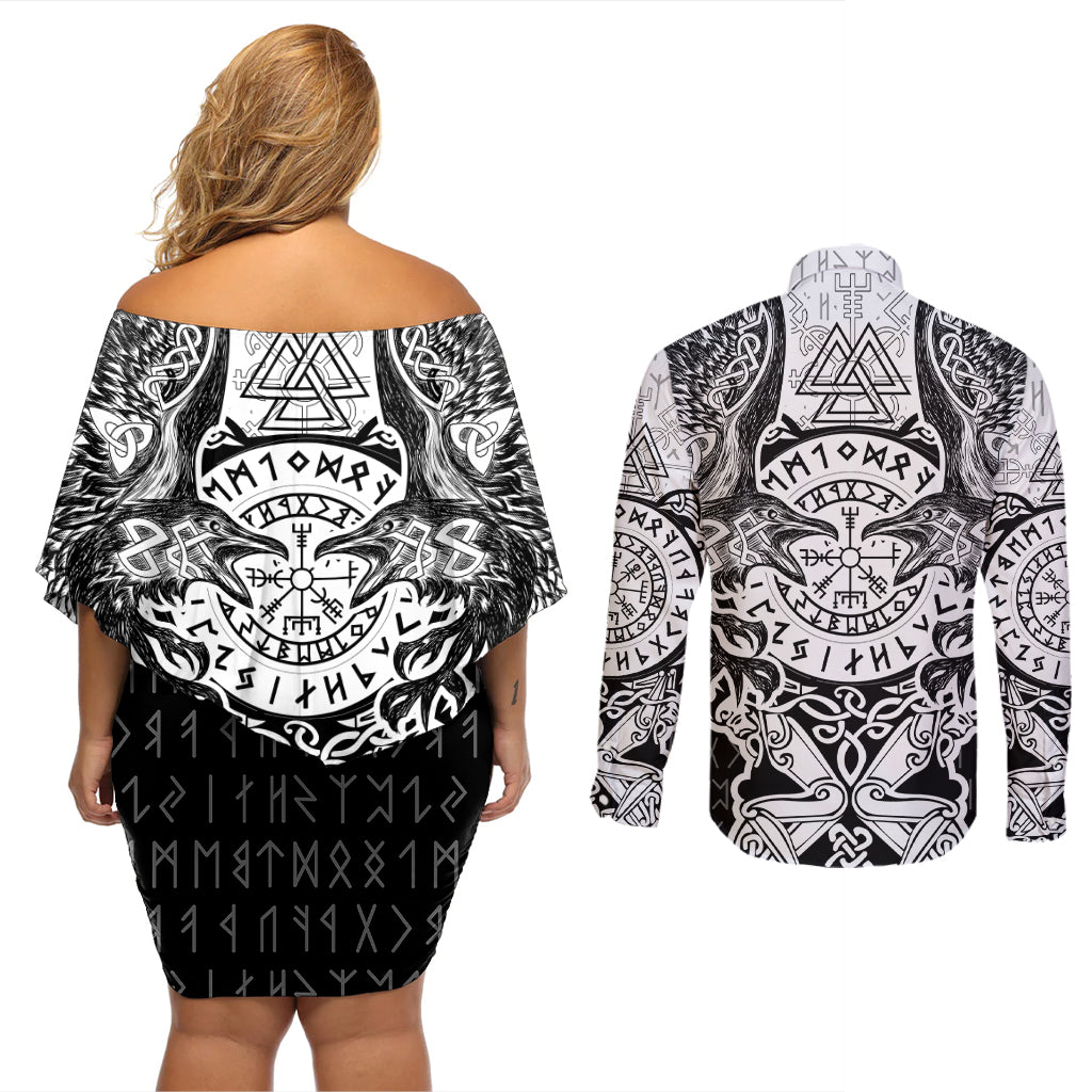 Viking Tattoo Couples Matching Off Shoulder Short Dress and Long Sleeve Button Shirts Hugin And Munin Asgardian Ravens Grunge Art - Wonder Print Shop