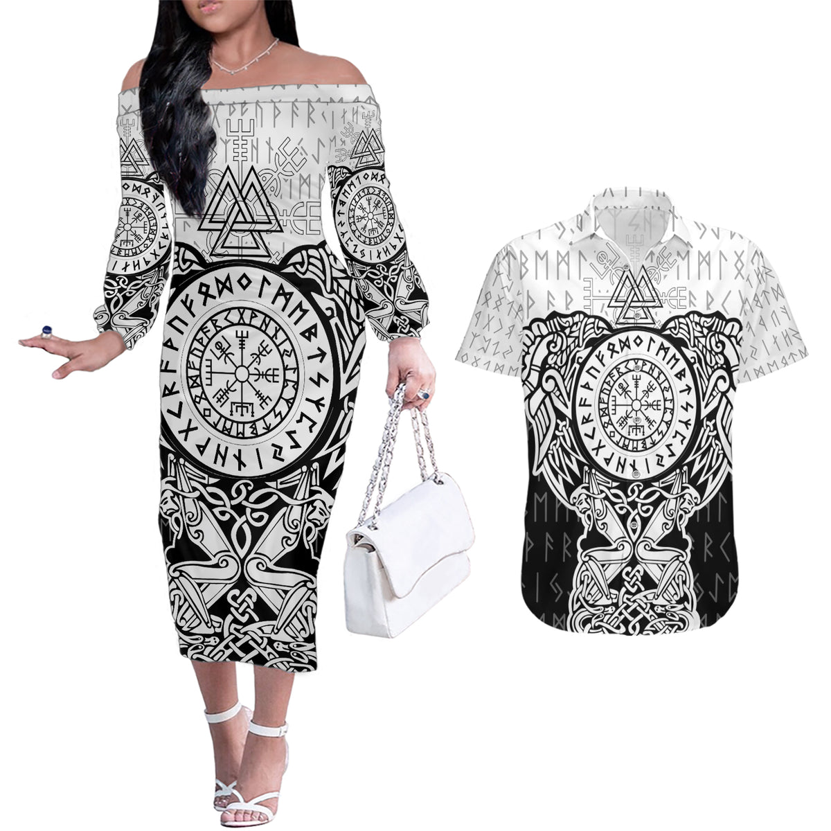 Viking Tattoo Couples Matching Off The Shoulder Long Sleeve Dress and Hawaiian Shirt Hugin And Munin Asgardian Ravens Grunge Art - Wonder Print Shop