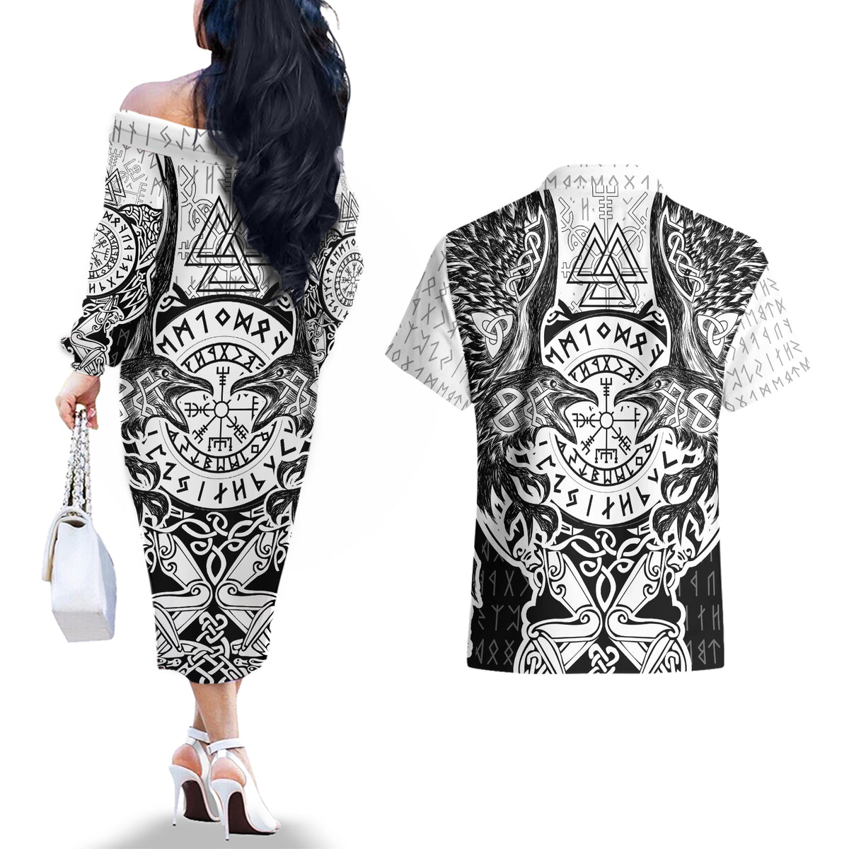 Viking Tattoo Couples Matching Off The Shoulder Long Sleeve Dress and Hawaiian Shirt Hugin And Munin Asgardian Ravens Grunge Art - Wonder Print Shop