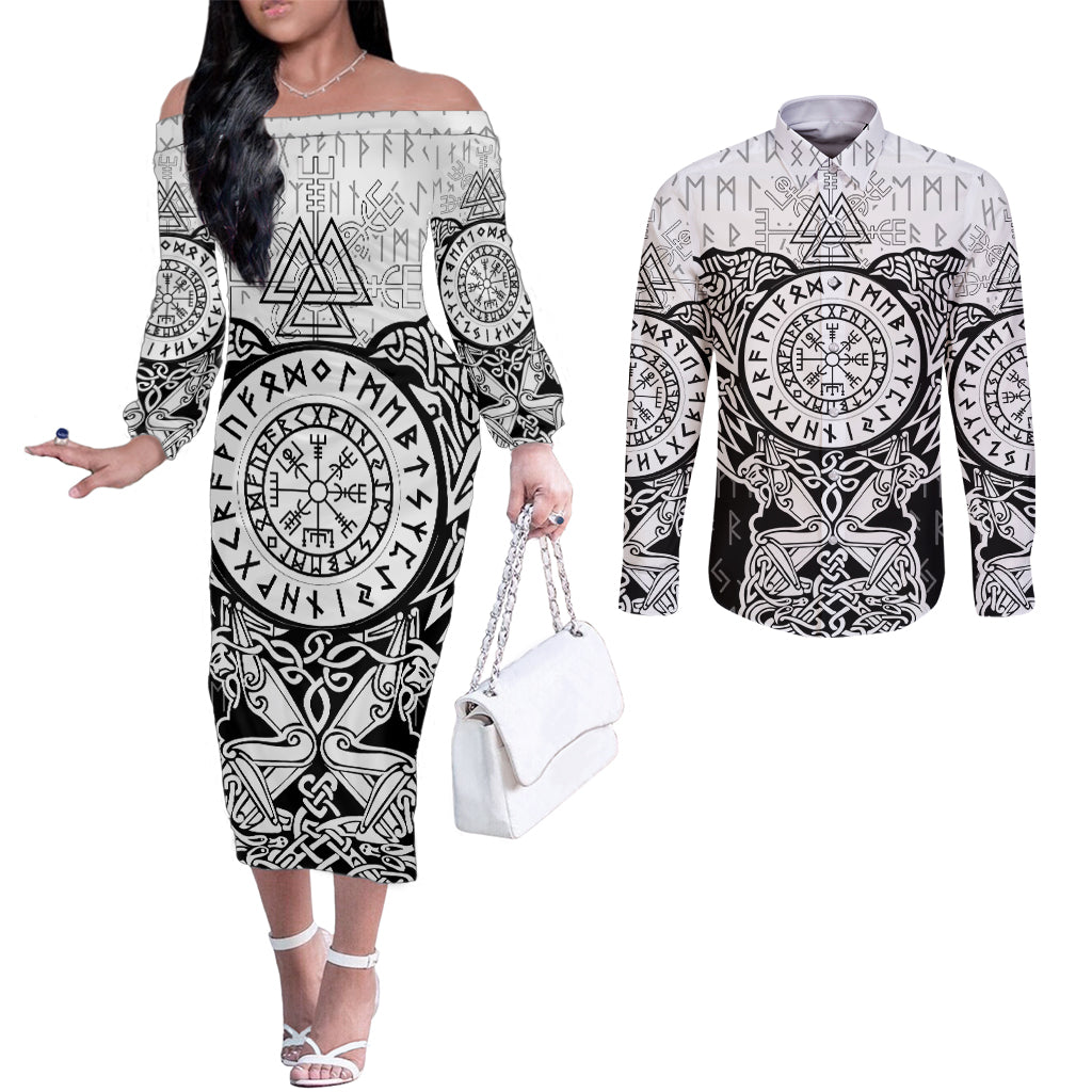 viking-tattoo-couples-matching-off-the-shoulder-long-sleeve-dress-and-long-sleeve-button-shirts-hugin-and-munin-asgardian-ravens-grunge-art
