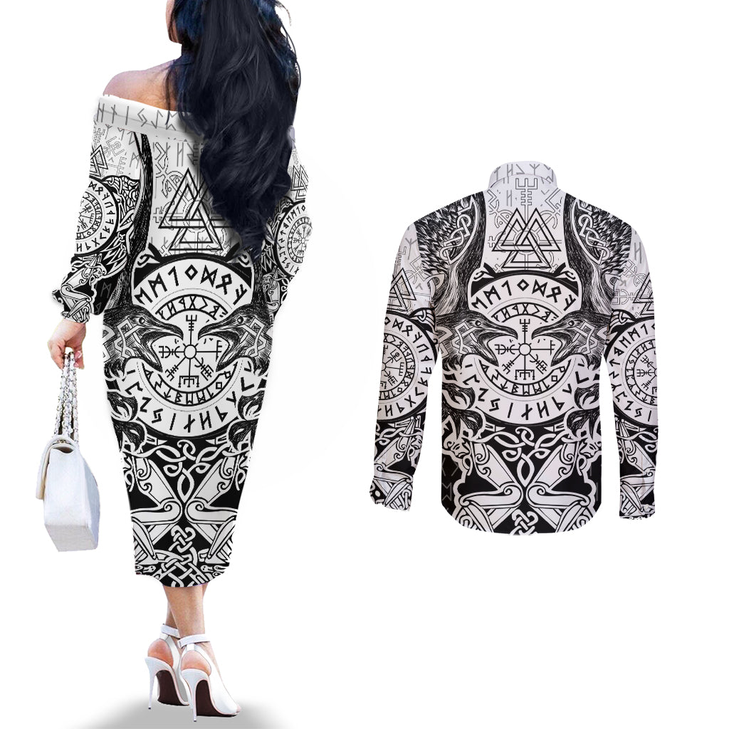 viking-tattoo-couples-matching-off-the-shoulder-long-sleeve-dress-and-long-sleeve-button-shirts-hugin-and-munin-asgardian-ravens-grunge-art