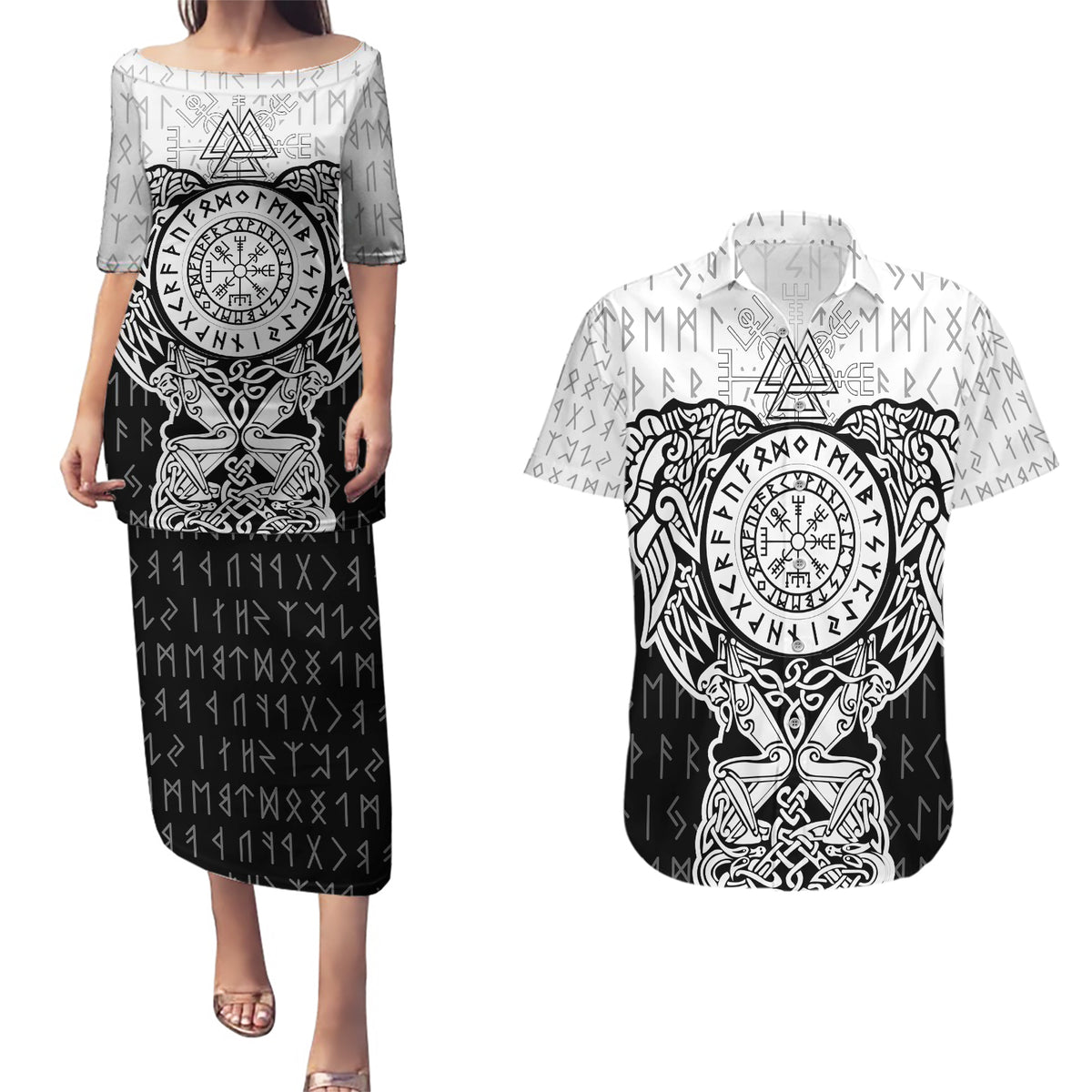 Viking Tattoo Couples Matching Puletasi Dress and Hawaiian Shirt Hugin And Munin Asgardian Ravens Grunge Art - Wonder Print Shop