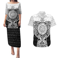 Viking Tattoo Couples Matching Puletasi Dress and Hawaiian Shirt Hugin And Munin Asgardian Ravens Grunge Art - Wonder Print Shop