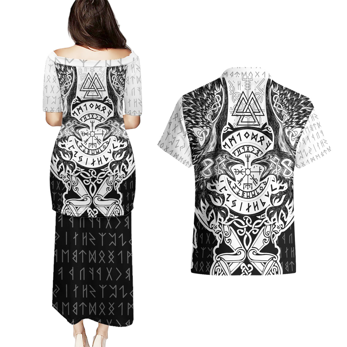 Viking Tattoo Couples Matching Puletasi Dress and Hawaiian Shirt Hugin And Munin Asgardian Ravens Grunge Art - Wonder Print Shop