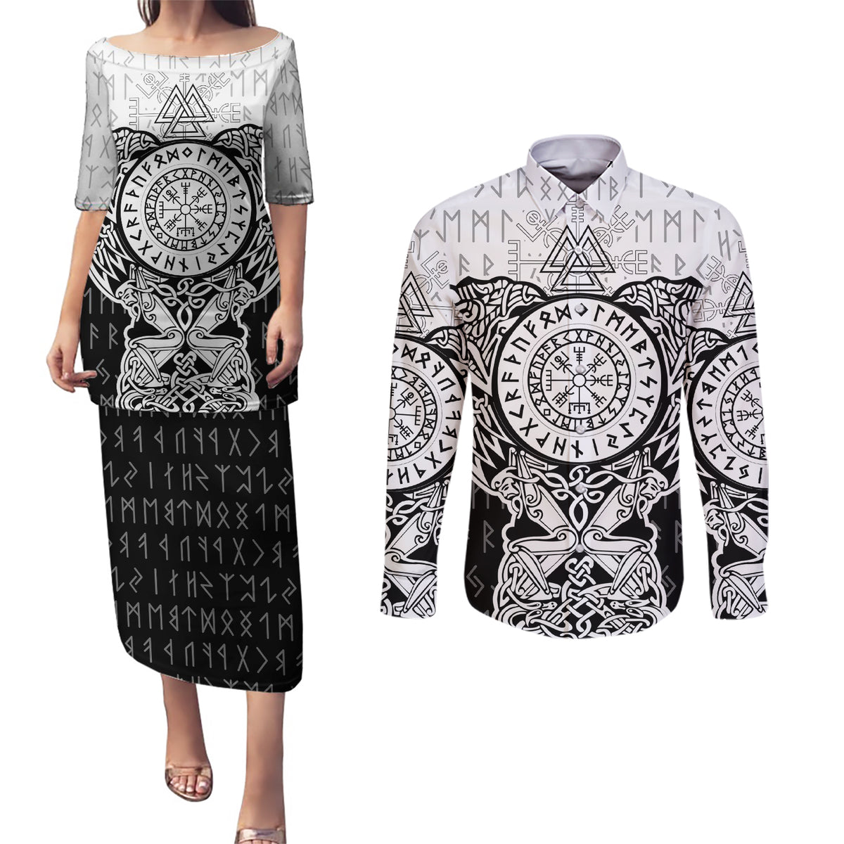 Viking Tattoo Couples Matching Puletasi Dress and Long Sleeve Button Shirts Hugin And Munin Asgardian Ravens Grunge Art - Wonder Print Shop