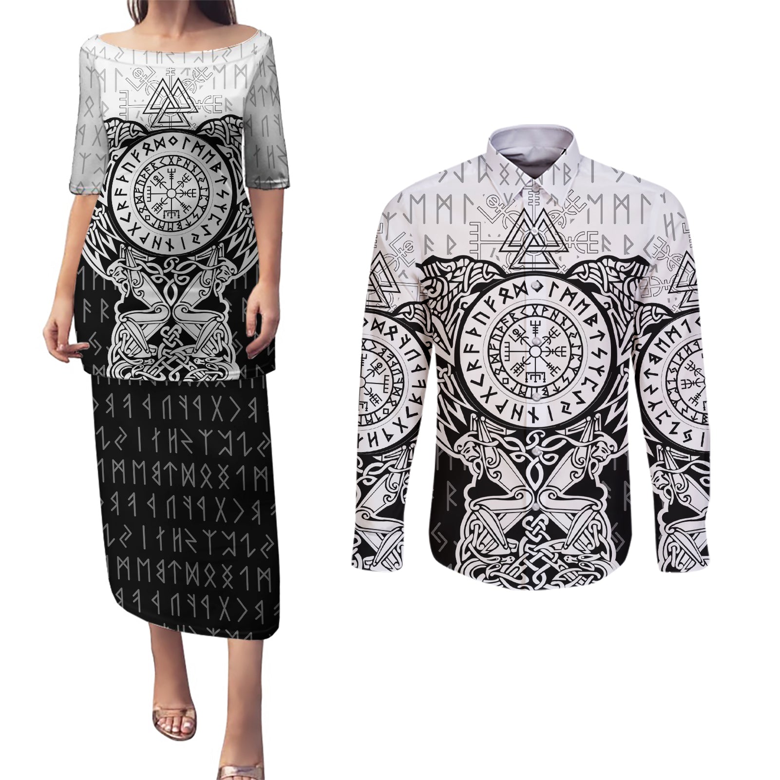 Viking Tattoo Couples Matching Puletasi Dress and Long Sleeve Button Shirts Hugin And Munin Asgardian Ravens Grunge Art - Wonder Print Shop