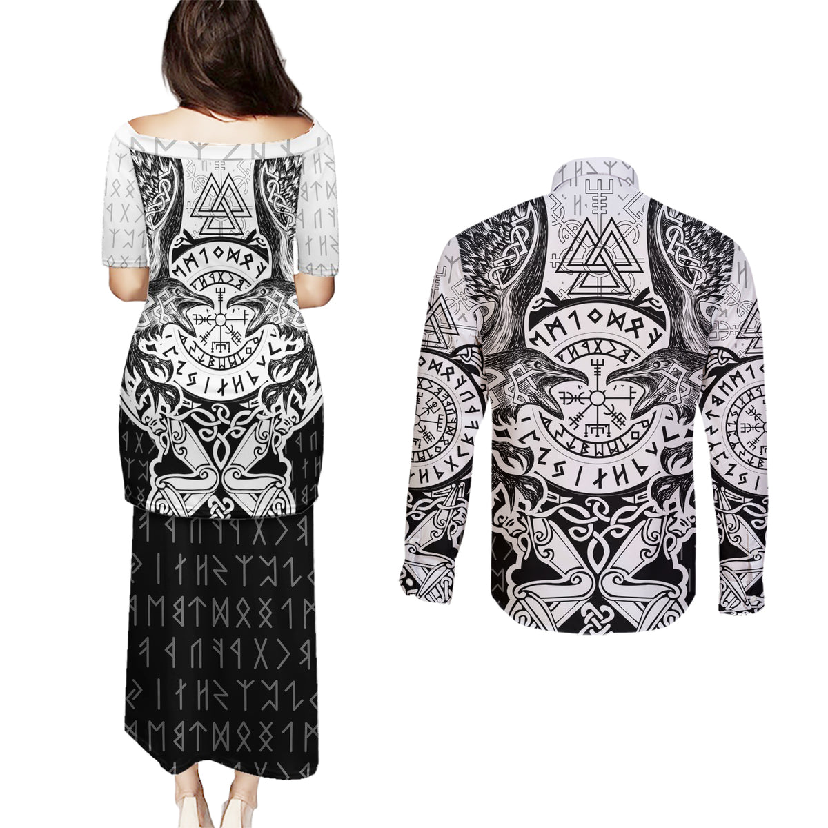 Viking Tattoo Couples Matching Puletasi Dress and Long Sleeve Button Shirts Hugin And Munin Asgardian Ravens Grunge Art - Wonder Print Shop