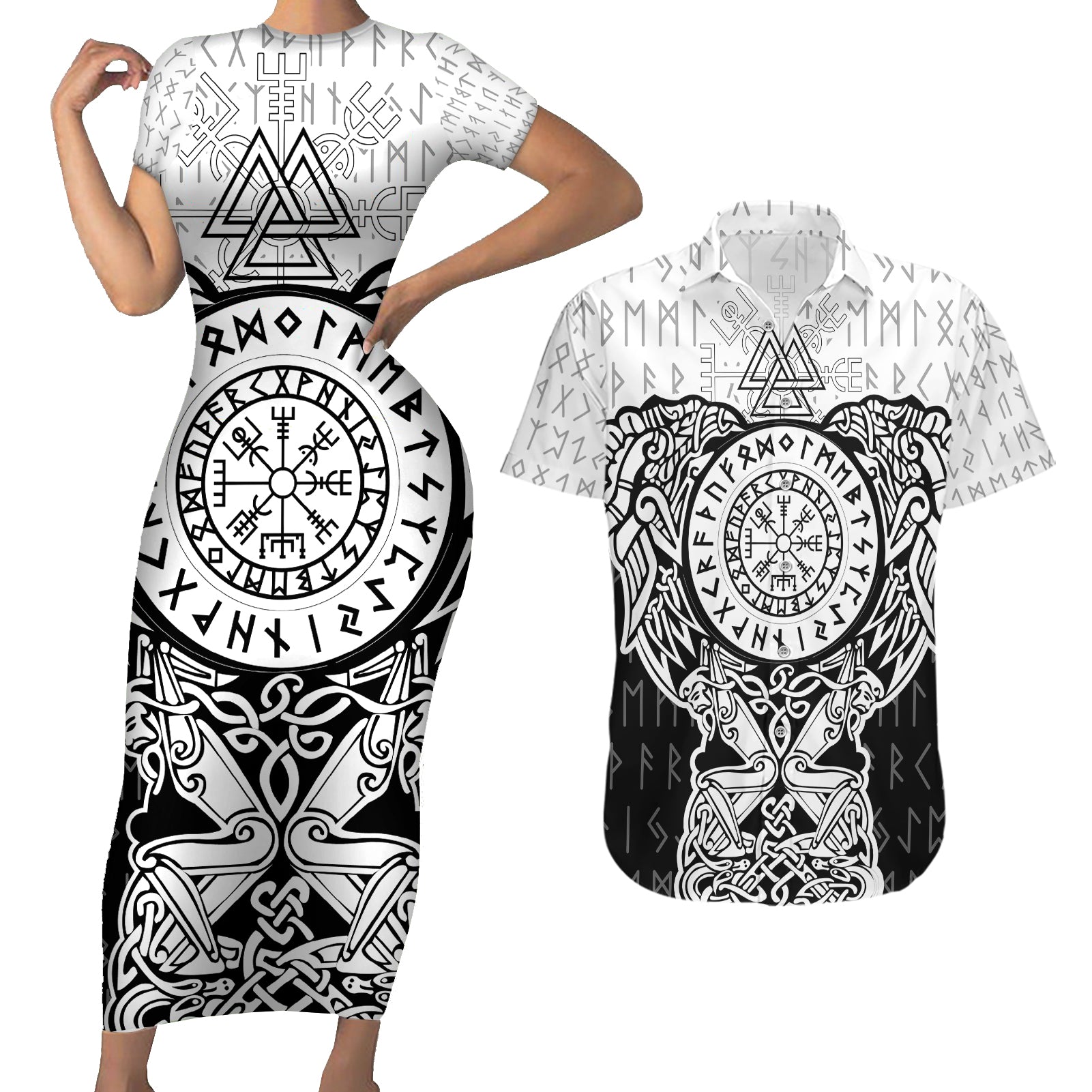 Viking Tattoo Couples Matching Short Sleeve Bodycon Dress and Hawaiian Shirt Hugin And Munin Asgardian Ravens Grunge Art - Wonder Print Shop