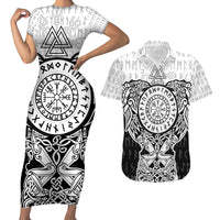 Viking Tattoo Couples Matching Short Sleeve Bodycon Dress and Hawaiian Shirt Hugin And Munin Asgardian Ravens Grunge Art - Wonder Print Shop