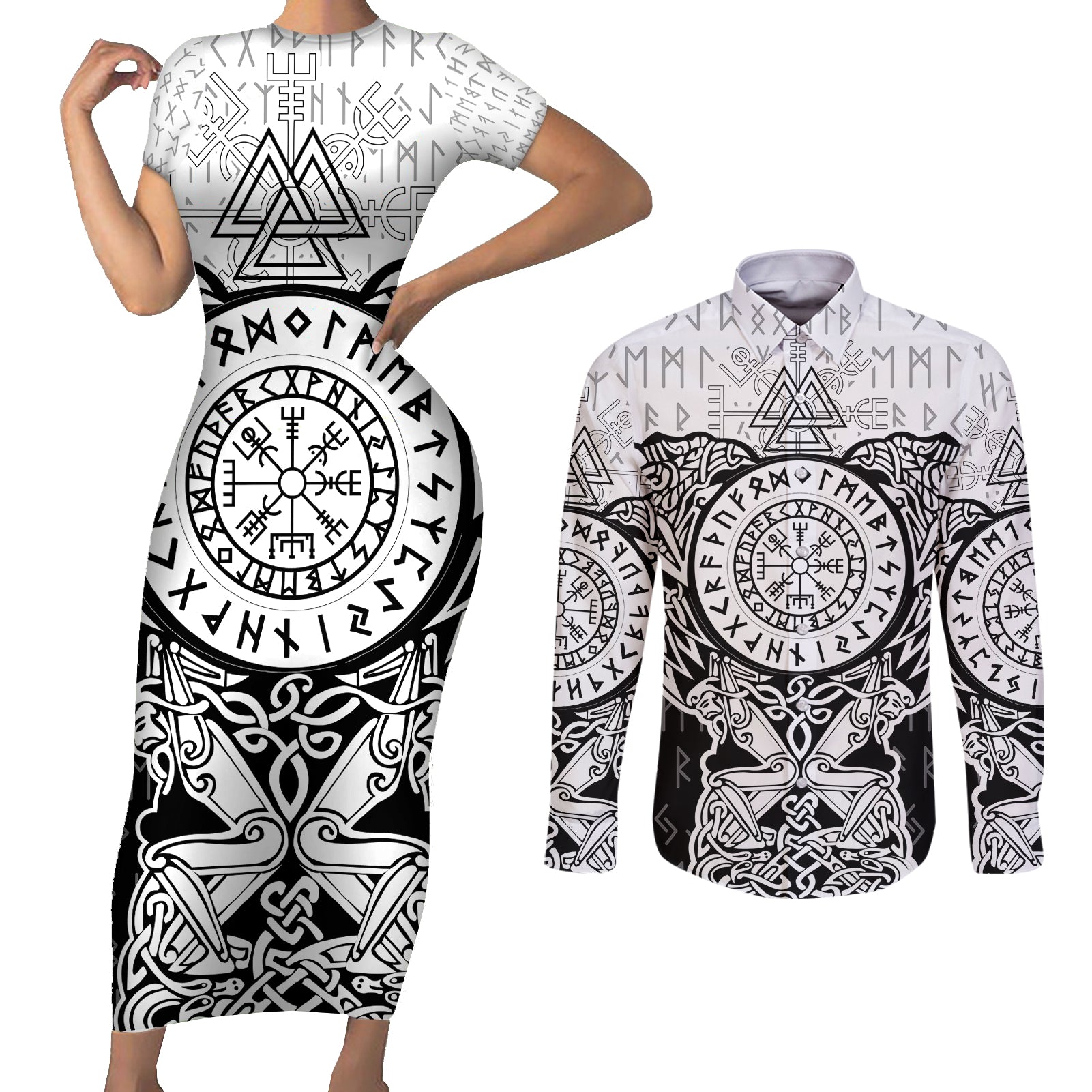 Viking Tattoo Couples Matching Short Sleeve Bodycon Dress and Long Sleeve Button Shirts Hugin And Munin Asgardian Ravens Grunge Art - Wonder Print Shop