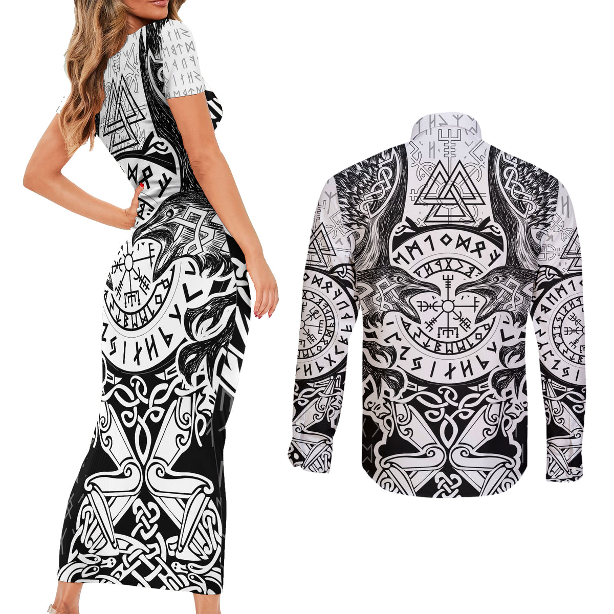Viking Tattoo Couples Matching Short Sleeve Bodycon Dress and Long Sleeve Button Shirts Hugin And Munin Asgardian Ravens Grunge Art - Wonder Print Shop