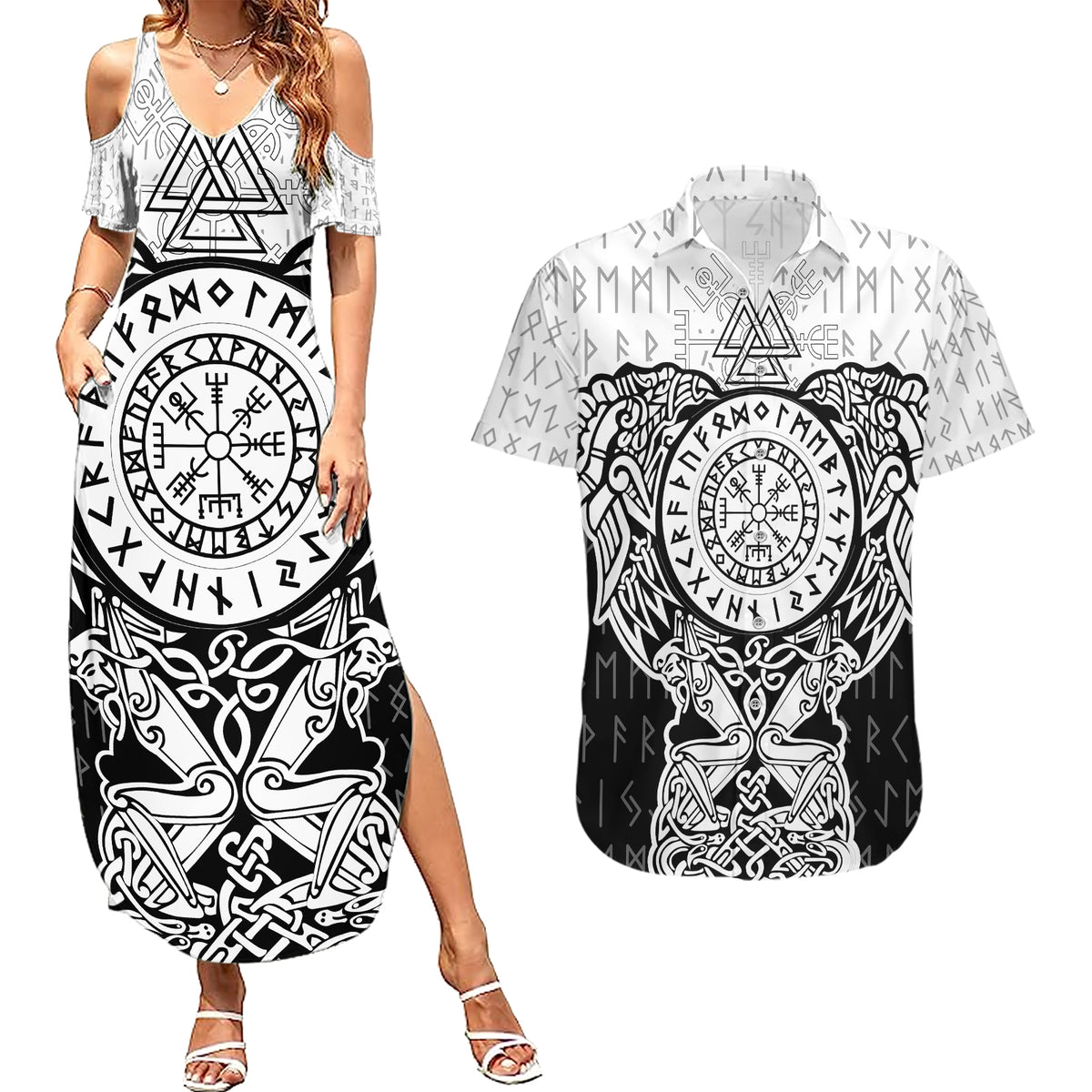 Viking Tattoo Couples Matching Summer Maxi Dress and Hawaiian Shirt Hugin And Munin Asgardian Ravens Grunge Art - Wonder Print Shop
