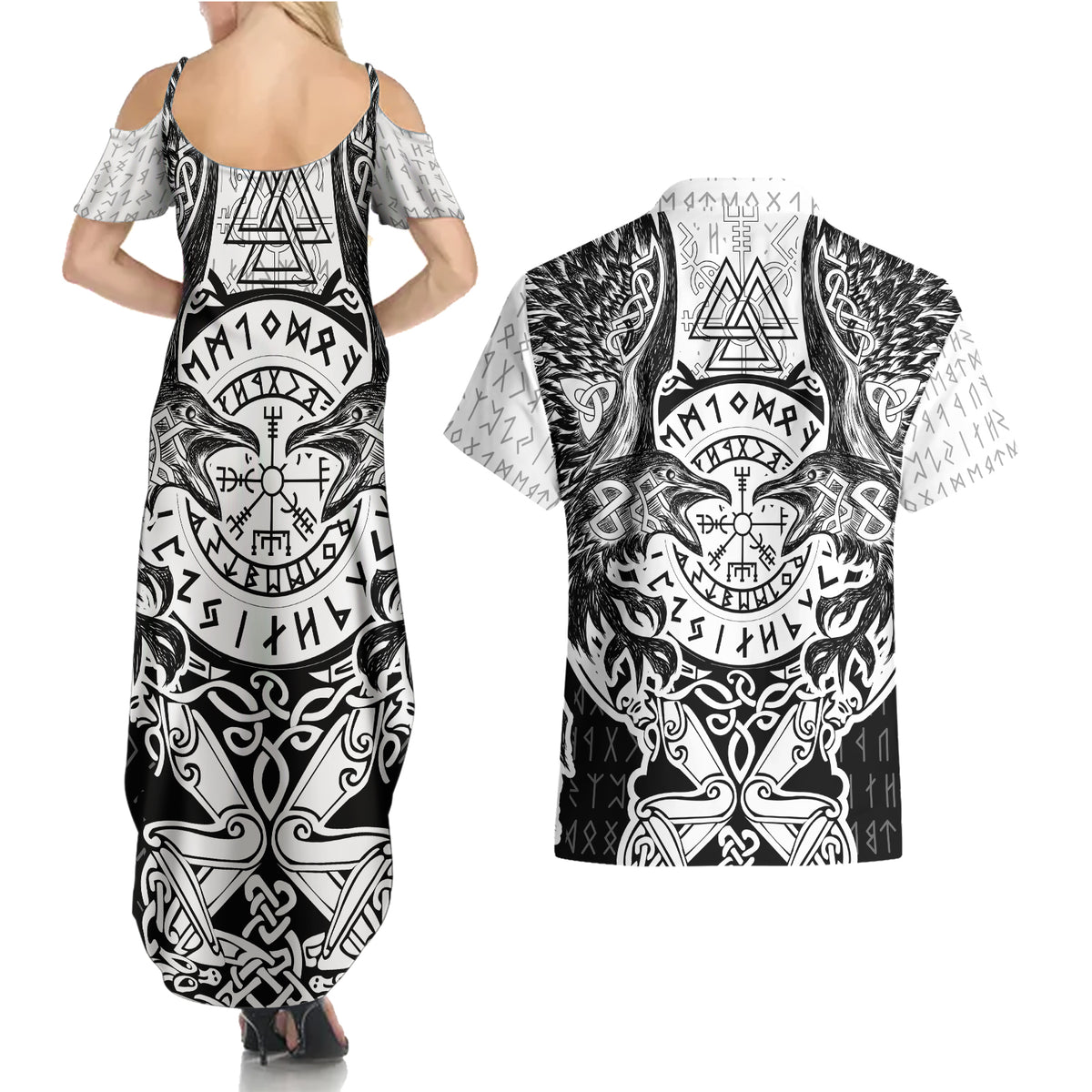 Viking Tattoo Couples Matching Summer Maxi Dress and Hawaiian Shirt Hugin And Munin Asgardian Ravens Grunge Art - Wonder Print Shop