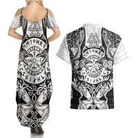 Viking Tattoo Couples Matching Summer Maxi Dress and Hawaiian Shirt Hugin And Munin Asgardian Ravens Grunge Art - Wonder Print Shop