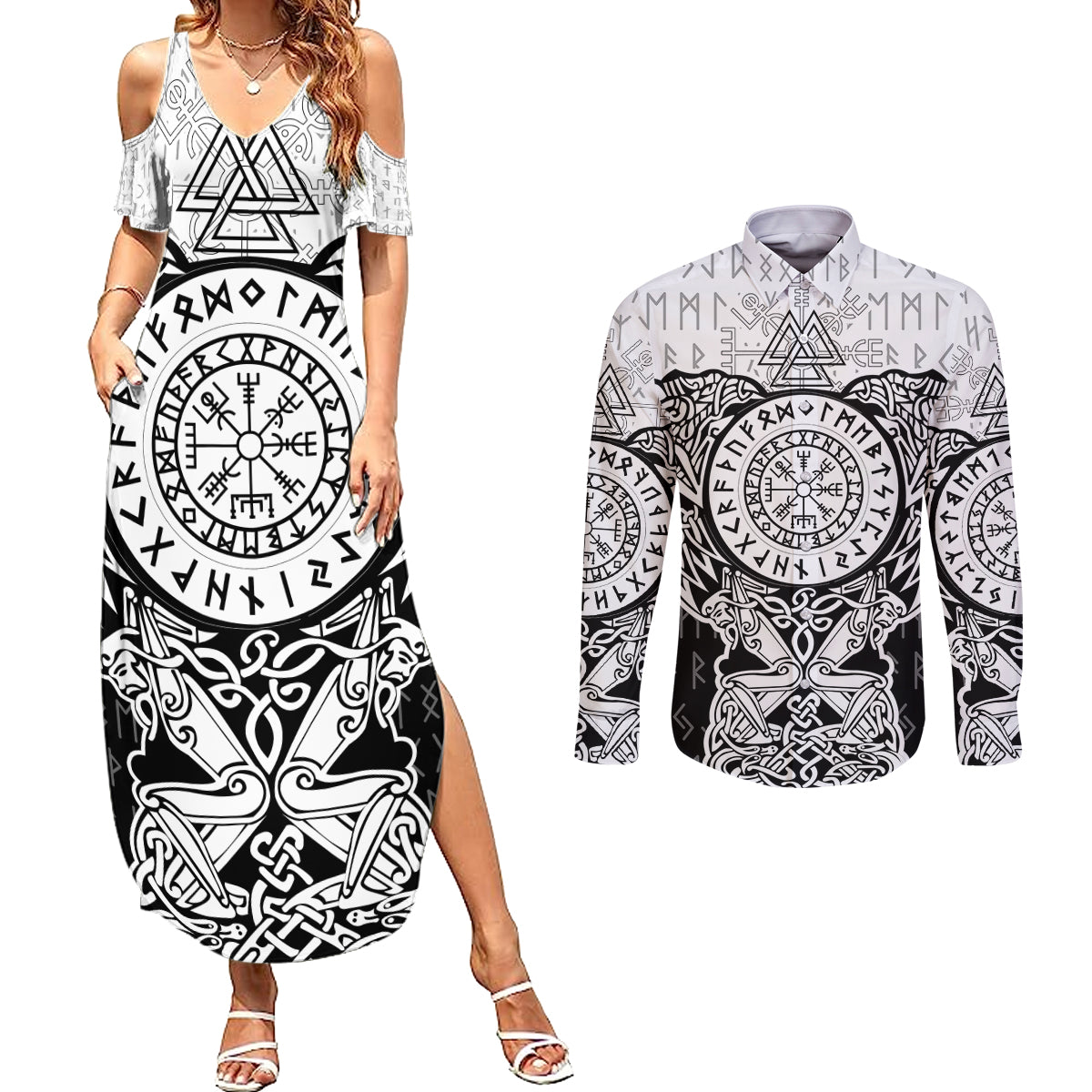 Viking Tattoo Couples Matching Summer Maxi Dress and Long Sleeve Button Shirts Hugin And Munin Asgardian Ravens Grunge Art - Wonder Print Shop