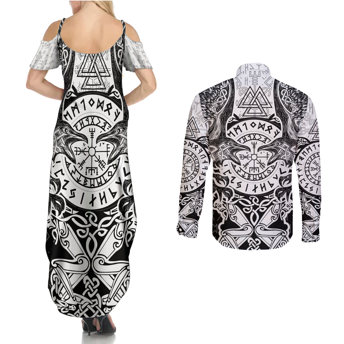 Viking Tattoo Couples Matching Summer Maxi Dress and Long Sleeve Button Shirts Hugin And Munin Asgardian Ravens Grunge Art - Wonder Print Shop