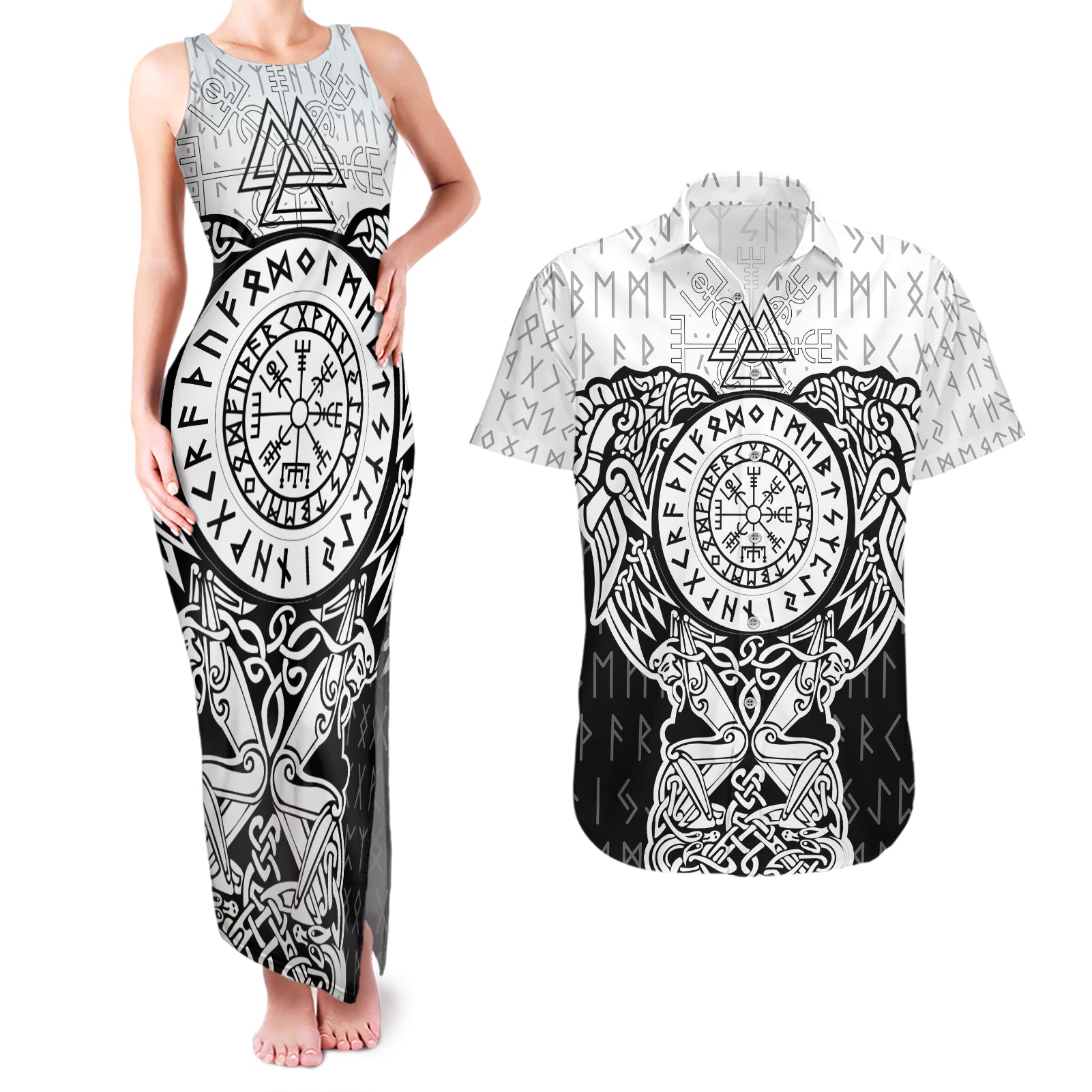 Viking Tattoo Couples Matching Tank Maxi Dress and Hawaiian Shirt Hugin And Munin Asgardian Ravens Grunge Art - Wonder Print Shop
