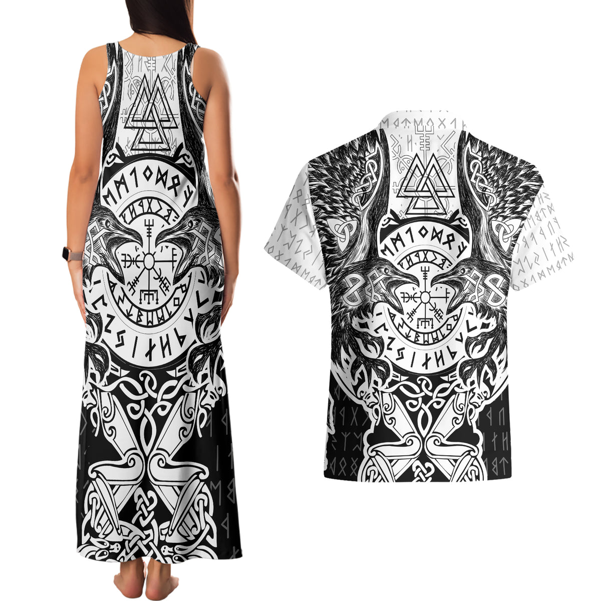 Viking Tattoo Couples Matching Tank Maxi Dress and Hawaiian Shirt Hugin And Munin Asgardian Ravens Grunge Art - Wonder Print Shop