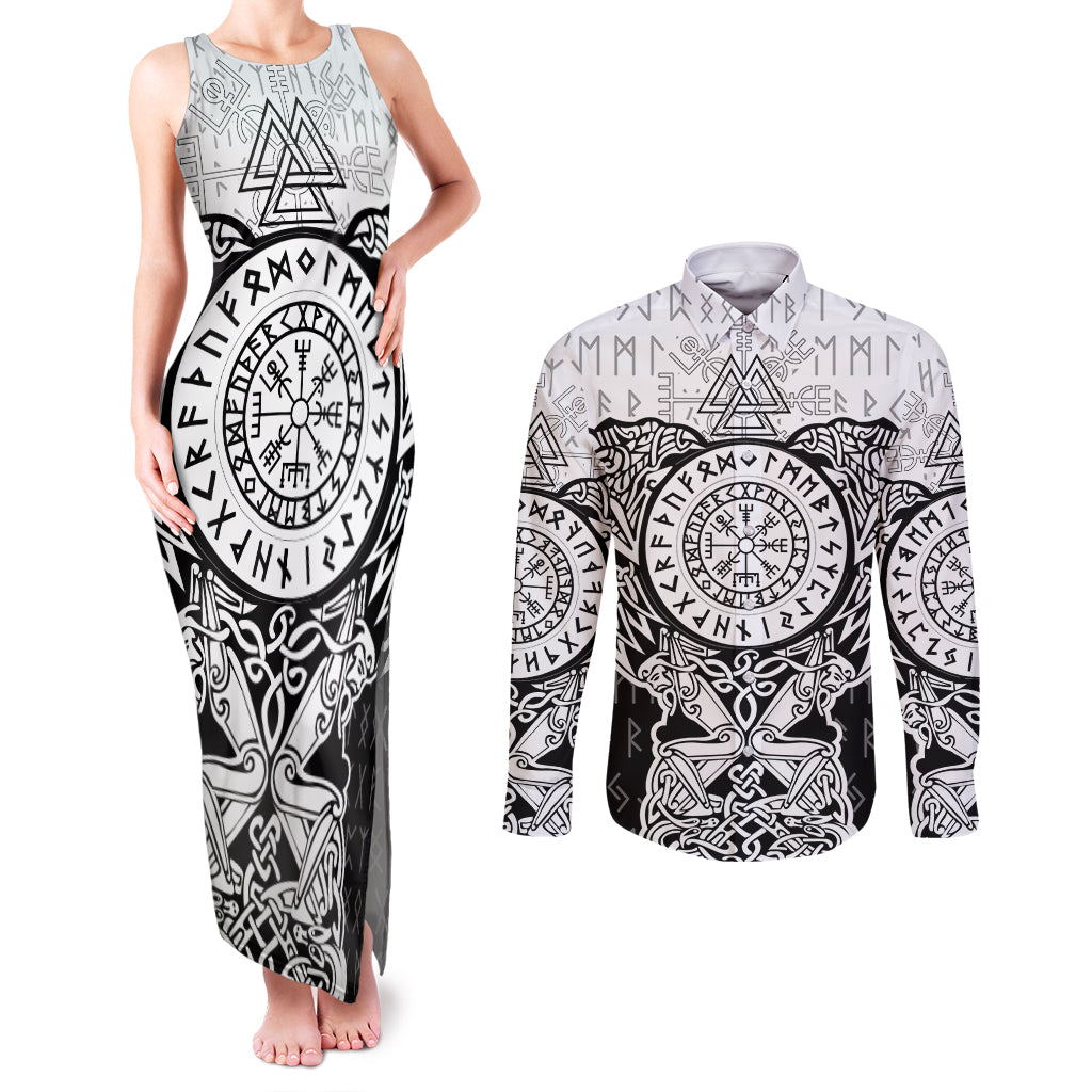 Viking Tattoo Couples Matching Tank Maxi Dress and Long Sleeve Button Shirts Hugin And Munin Asgardian Ravens Grunge Art - Wonder Print Shop