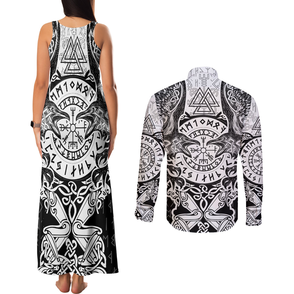 Viking Tattoo Couples Matching Tank Maxi Dress and Long Sleeve Button Shirts Hugin And Munin Asgardian Ravens Grunge Art - Wonder Print Shop
