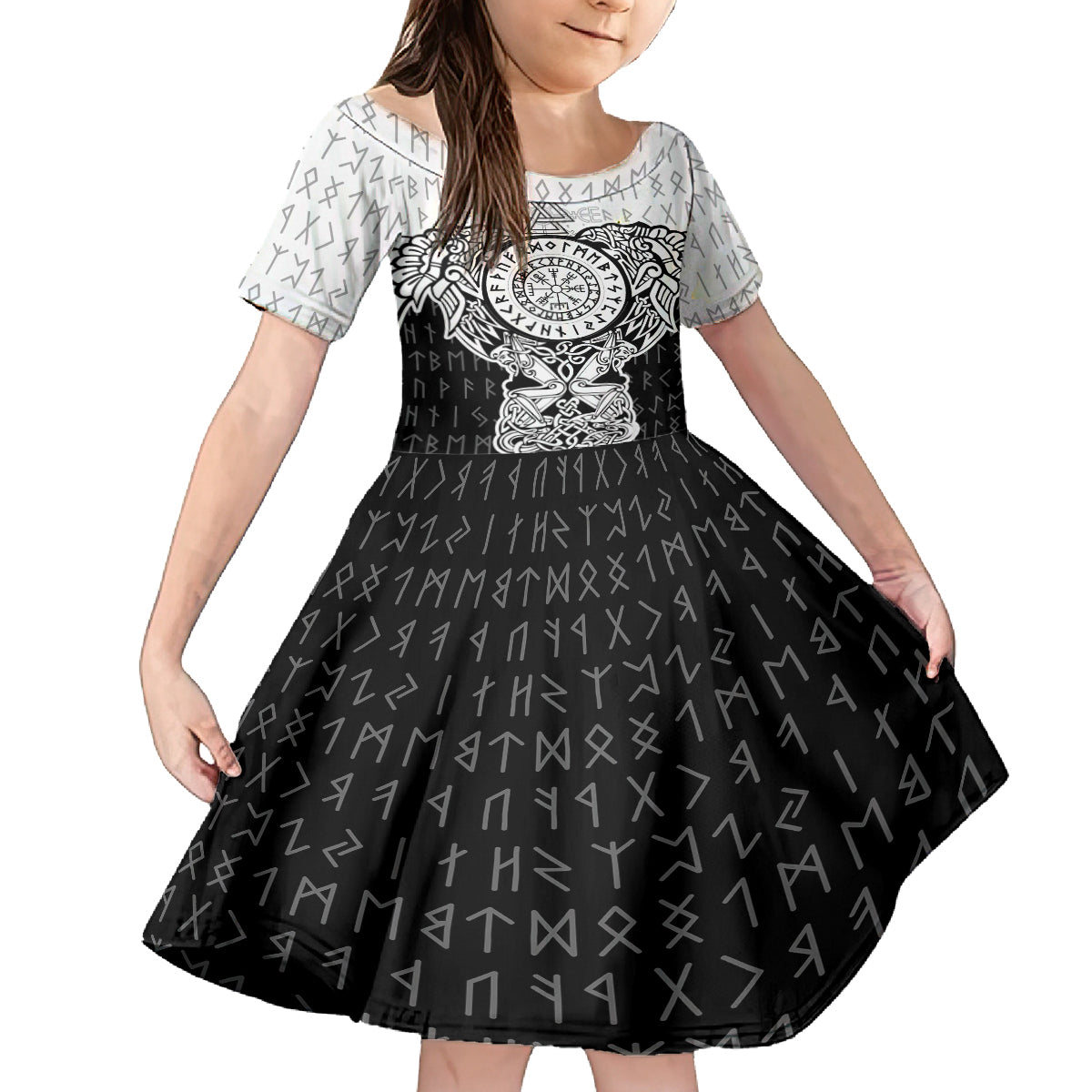 Viking Tattoo Family Matching Long Sleeve Bodycon Dress and Hawaiian Shirt Hugin And Munin Asgardian Ravens Grunge Art - Wonder Print Shop