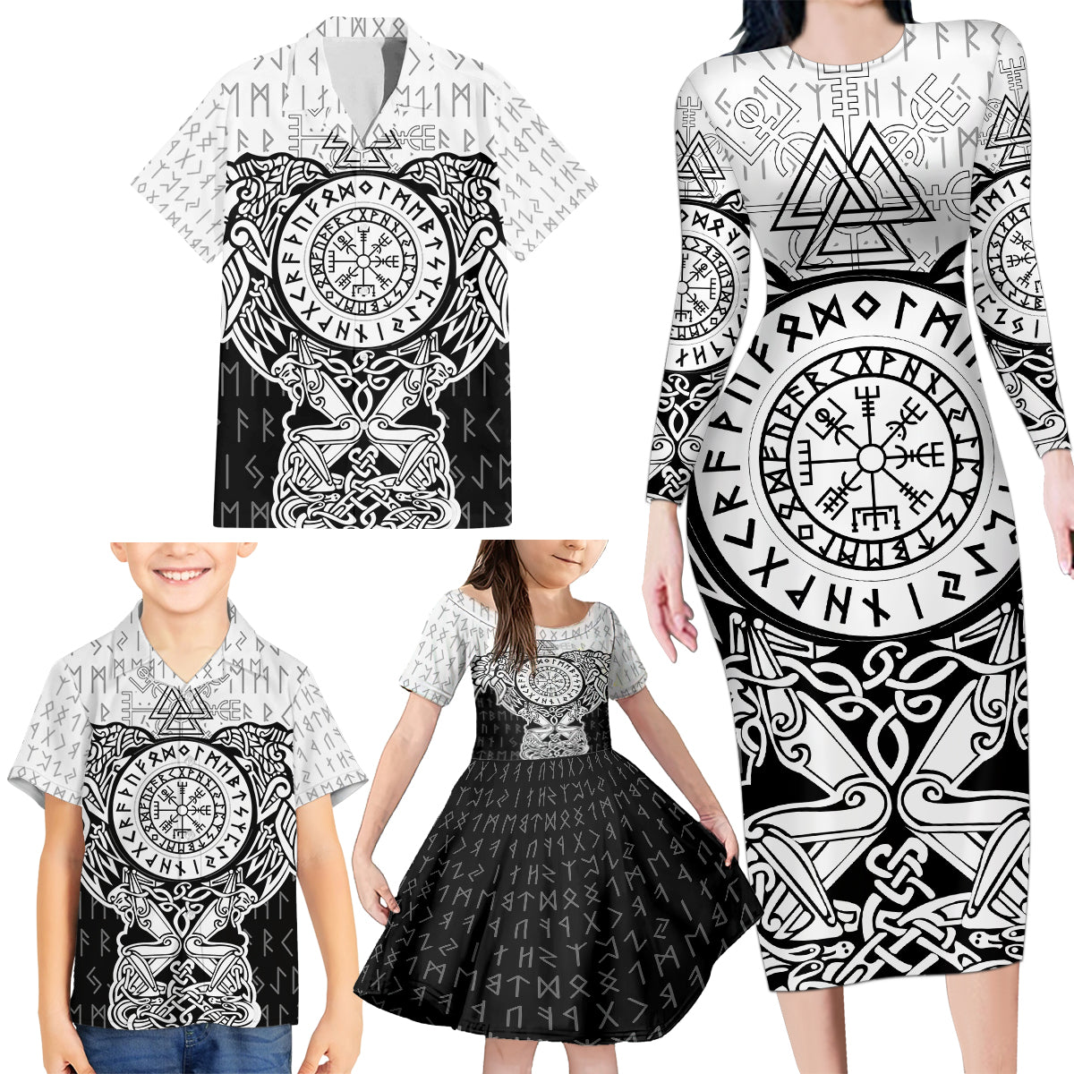 Viking Tattoo Family Matching Long Sleeve Bodycon Dress and Hawaiian Shirt Hugin And Munin Asgardian Ravens Grunge Art - Wonder Print Shop