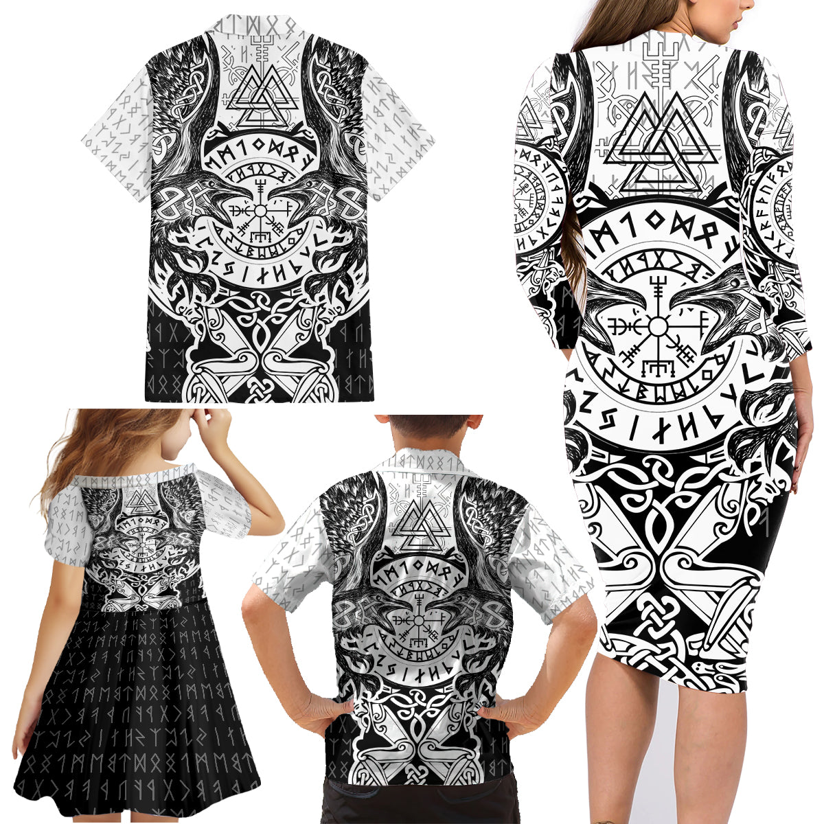 Viking Tattoo Family Matching Long Sleeve Bodycon Dress and Hawaiian Shirt Hugin And Munin Asgardian Ravens Grunge Art - Wonder Print Shop