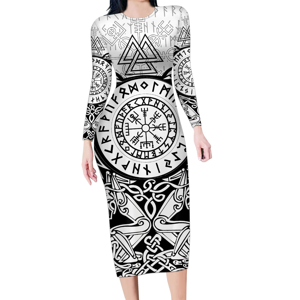 Viking Tattoo Family Matching Long Sleeve Bodycon Dress and Hawaiian Shirt Hugin And Munin Asgardian Ravens Grunge Art - Wonder Print Shop