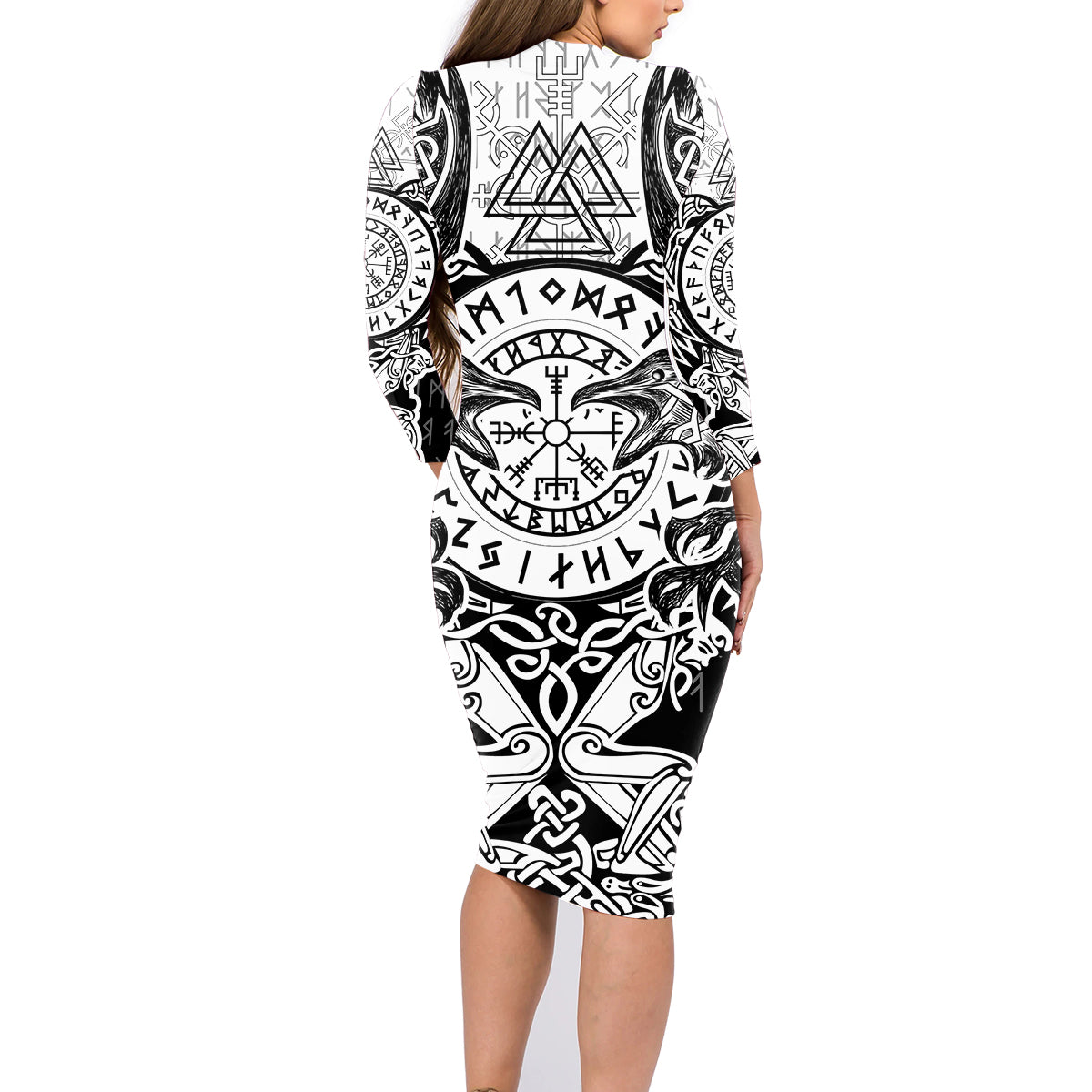 Viking Tattoo Family Matching Long Sleeve Bodycon Dress and Hawaiian Shirt Hugin And Munin Asgardian Ravens Grunge Art - Wonder Print Shop
