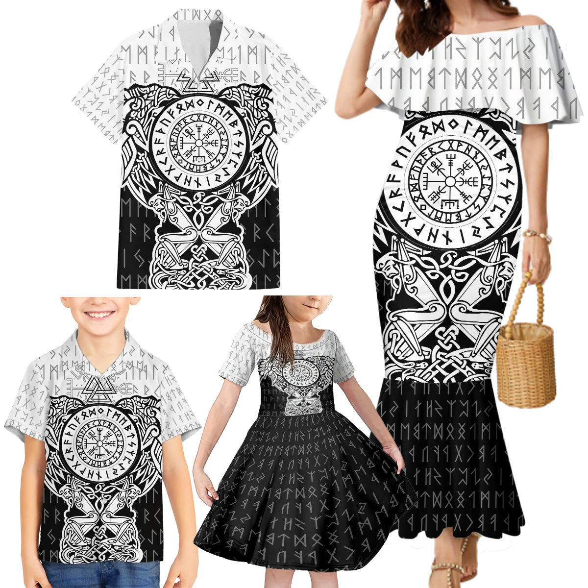 Viking Tattoo Family Matching Mermaid Dress and Hawaiian Shirt Hugin And Munin Asgardian Ravens Grunge Art - Wonder Print Shop