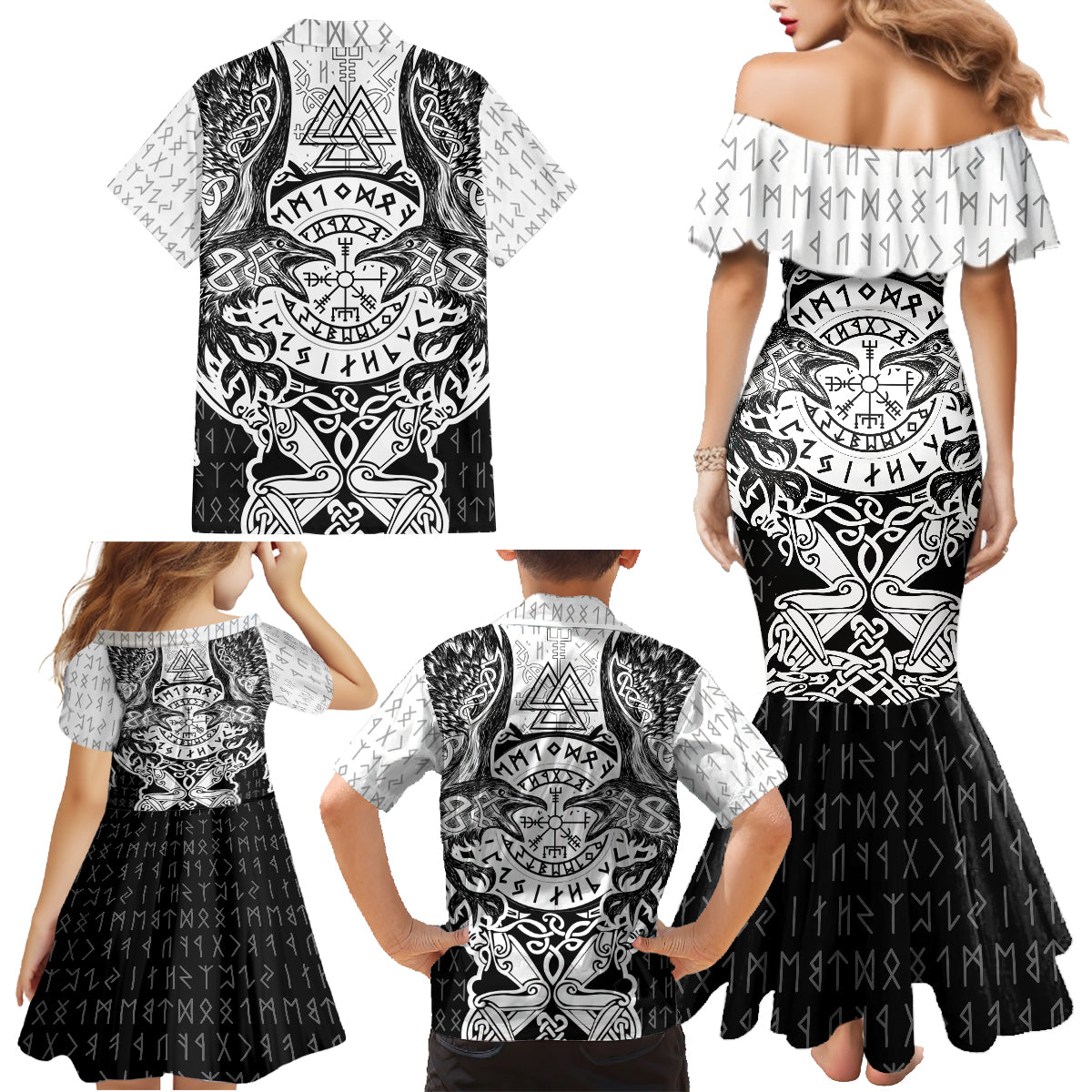 Viking Tattoo Family Matching Mermaid Dress and Hawaiian Shirt Hugin And Munin Asgardian Ravens Grunge Art - Wonder Print Shop