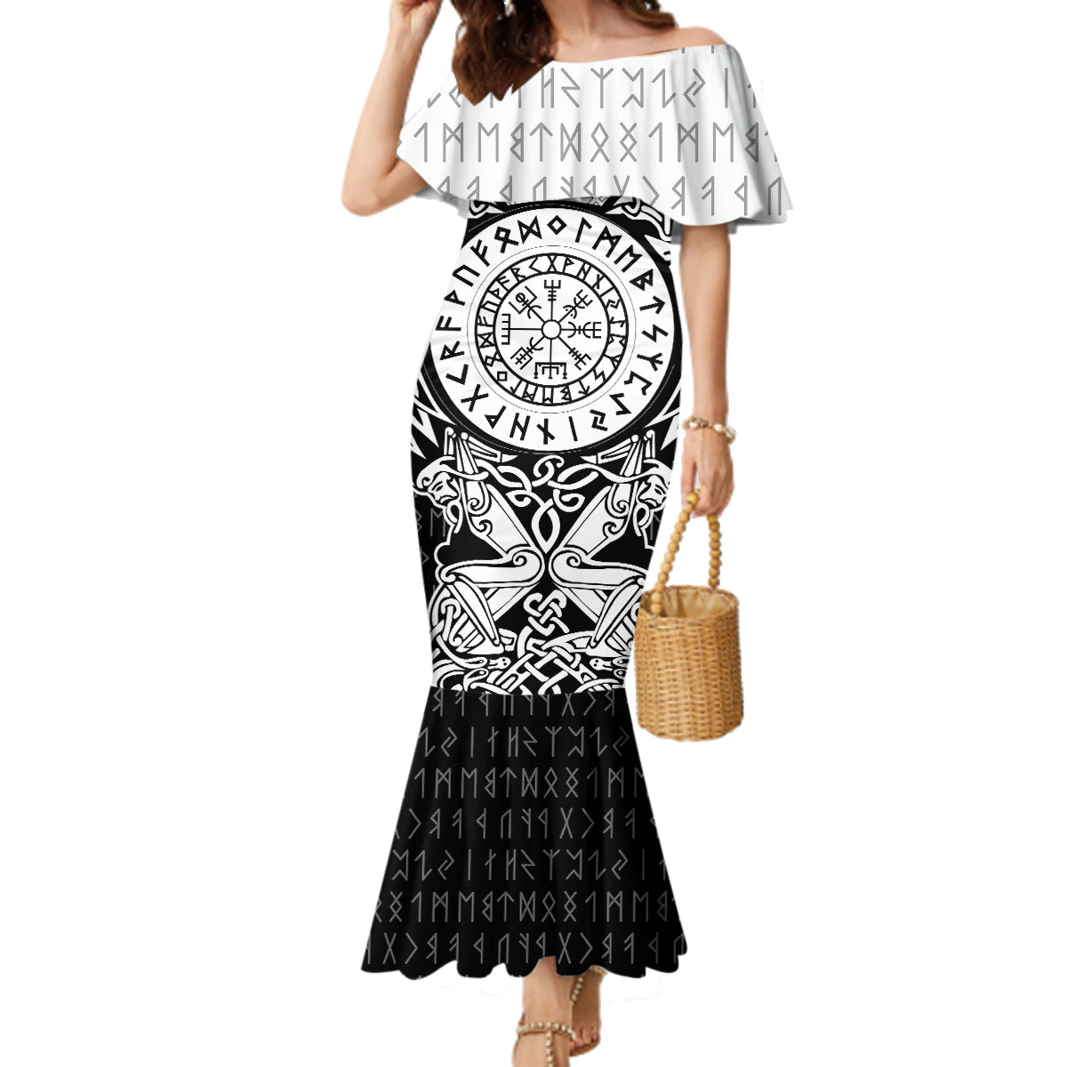 Viking Tattoo Family Matching Mermaid Dress and Hawaiian Shirt Hugin And Munin Asgardian Ravens Grunge Art - Wonder Print Shop