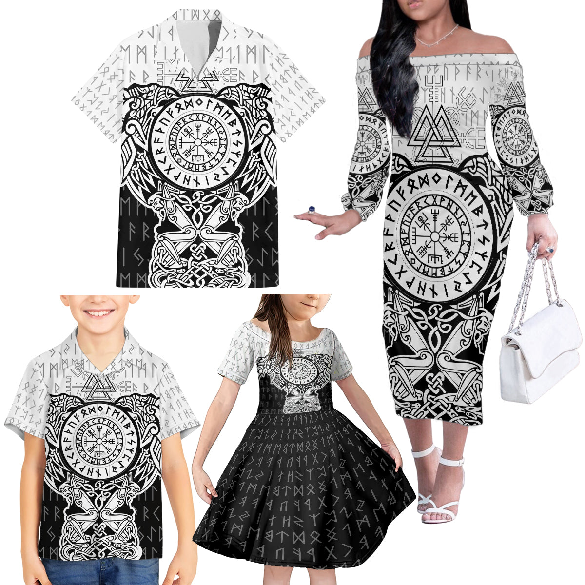 Viking Tattoo Family Matching Off Shoulder Long Sleeve Dress and Hawaiian Shirt Hugin And Munin Asgardian Ravens Grunge Art - Wonder Print Shop