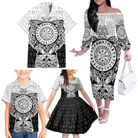 Viking Tattoo Family Matching Off Shoulder Long Sleeve Dress and Hawaiian Shirt Hugin And Munin Asgardian Ravens Grunge Art - Wonder Print Shop