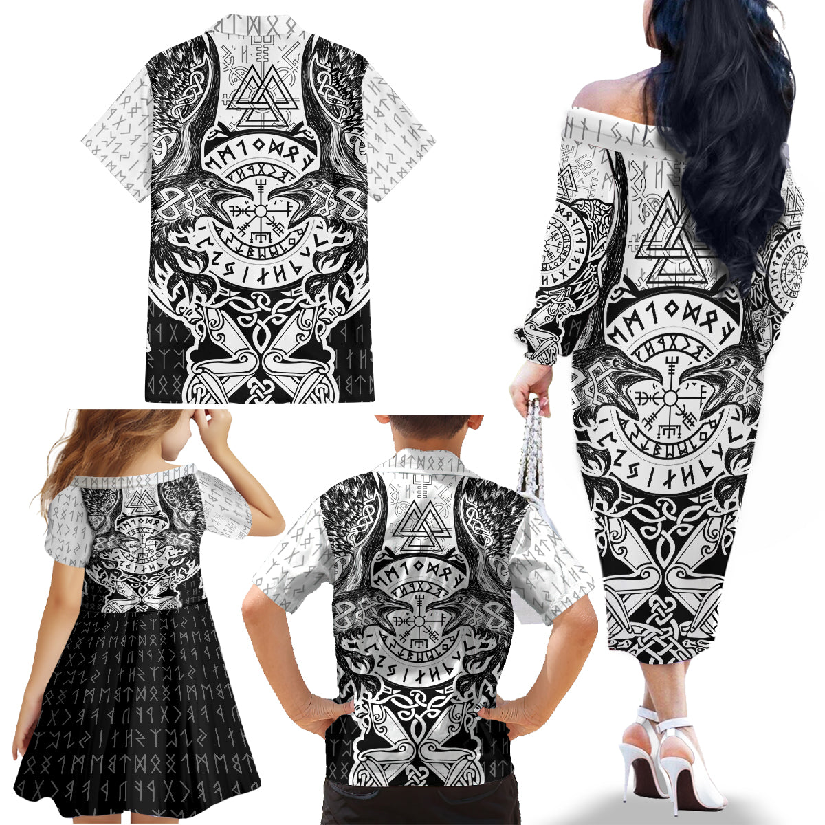 Viking Tattoo Family Matching Off Shoulder Long Sleeve Dress and Hawaiian Shirt Hugin And Munin Asgardian Ravens Grunge Art - Wonder Print Shop