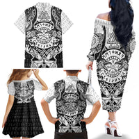 Viking Tattoo Family Matching Off Shoulder Long Sleeve Dress and Hawaiian Shirt Hugin And Munin Asgardian Ravens Grunge Art - Wonder Print Shop