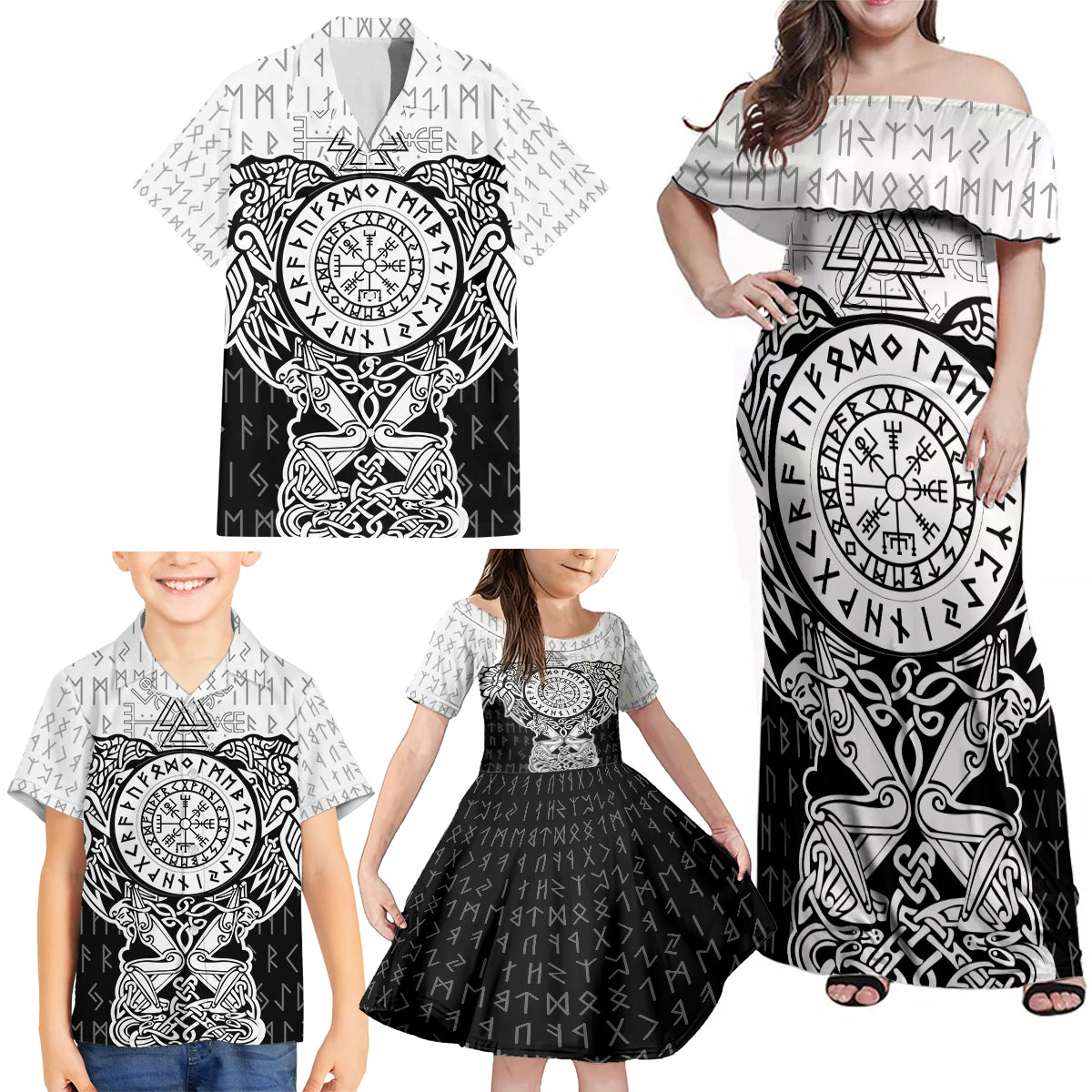 Viking Tattoo Family Matching Off Shoulder Maxi Dress and Hawaiian Shirt Hugin And Munin Asgardian Ravens Grunge Art - Wonder Print Shop