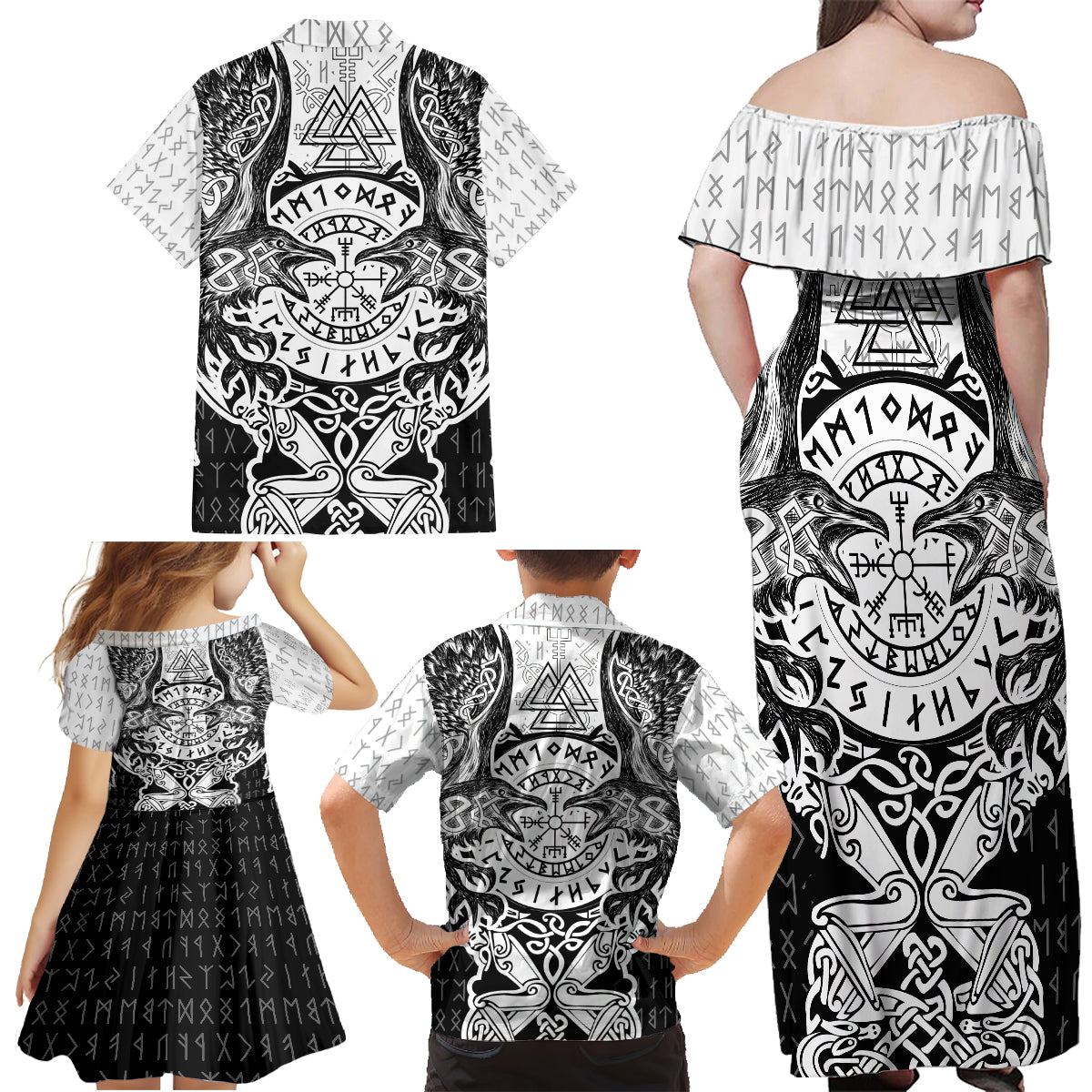 Viking Tattoo Family Matching Off Shoulder Maxi Dress and Hawaiian Shirt Hugin And Munin Asgardian Ravens Grunge Art - Wonder Print Shop