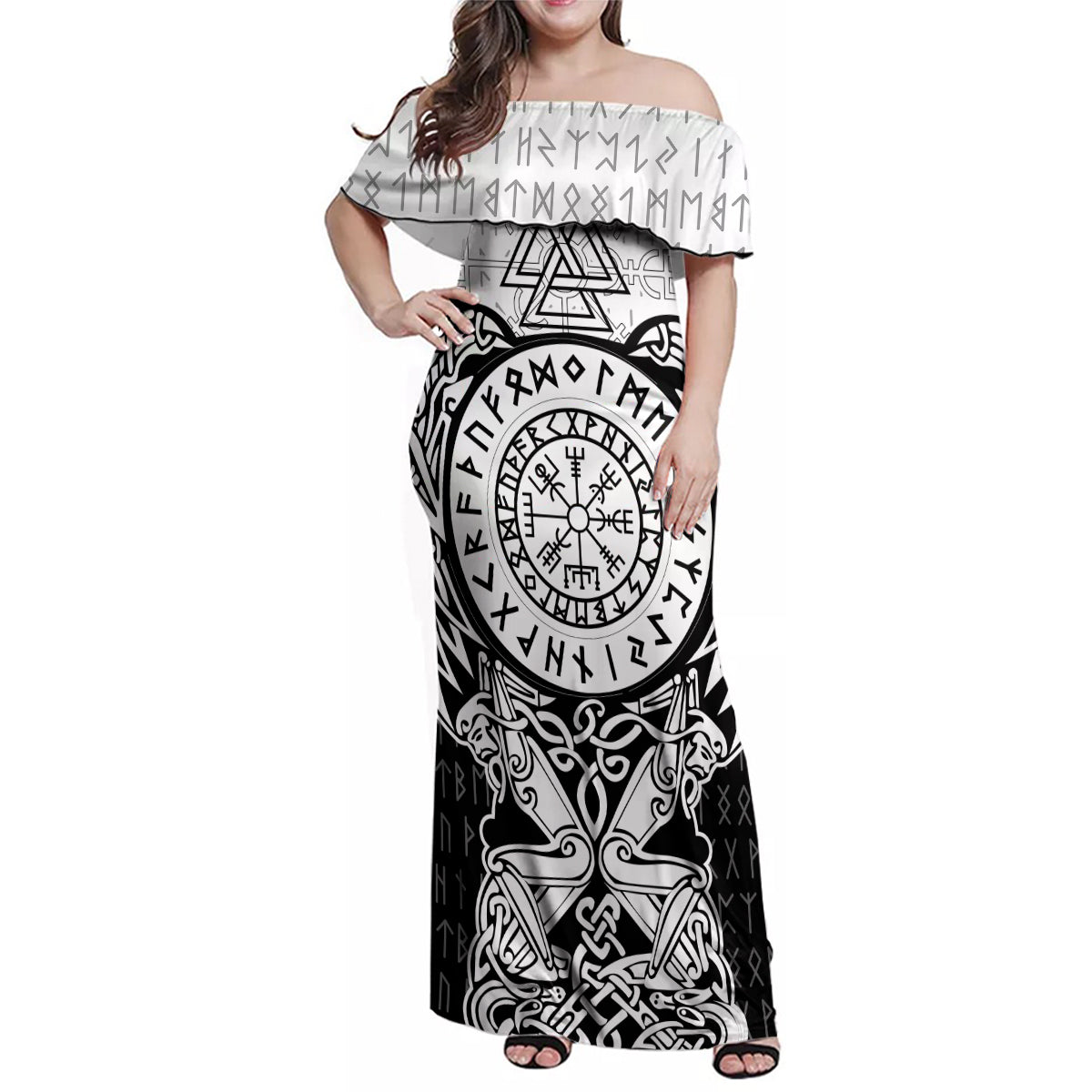 Viking Tattoo Family Matching Off Shoulder Maxi Dress and Hawaiian Shirt Hugin And Munin Asgardian Ravens Grunge Art - Wonder Print Shop