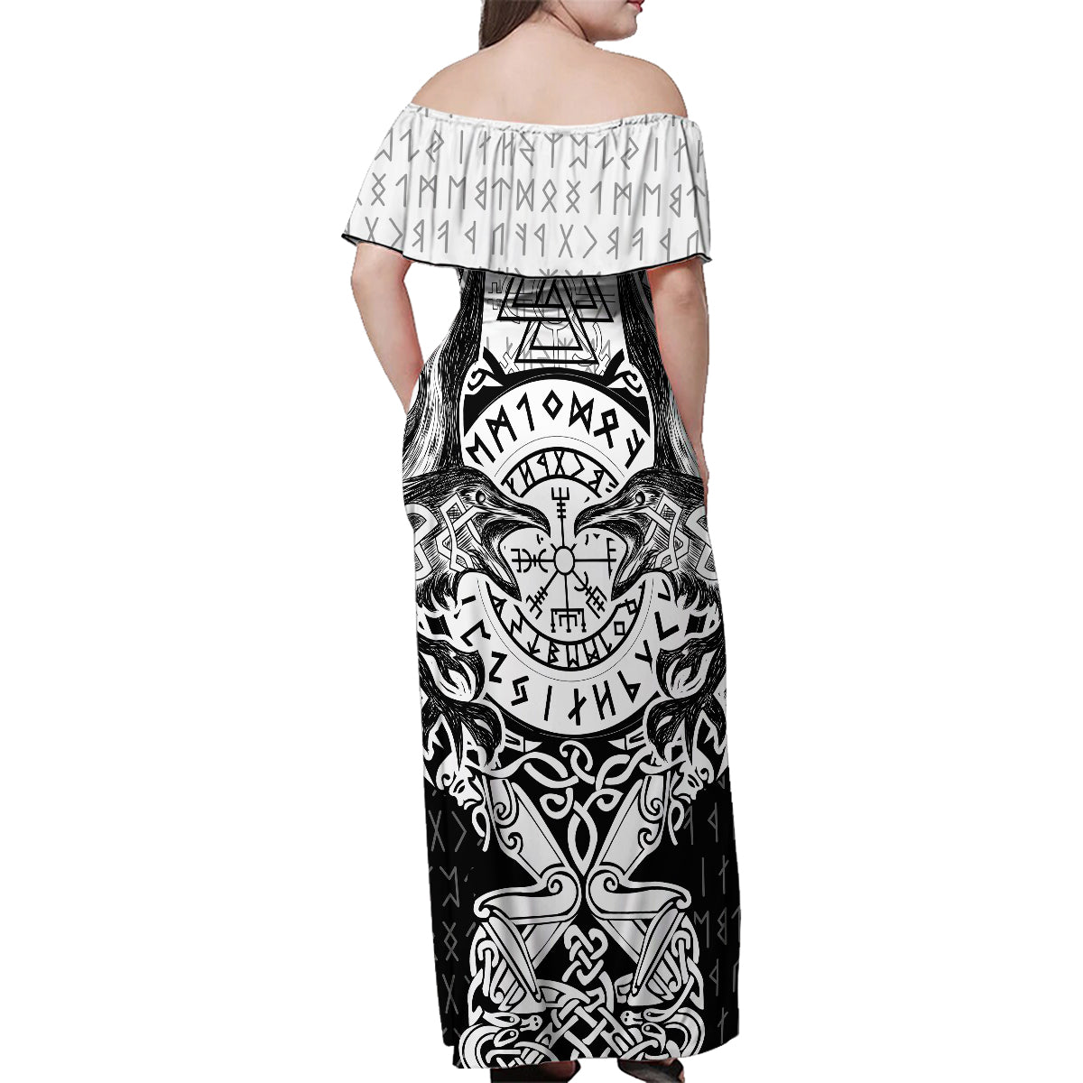 Viking Tattoo Family Matching Off Shoulder Maxi Dress and Hawaiian Shirt Hugin And Munin Asgardian Ravens Grunge Art - Wonder Print Shop