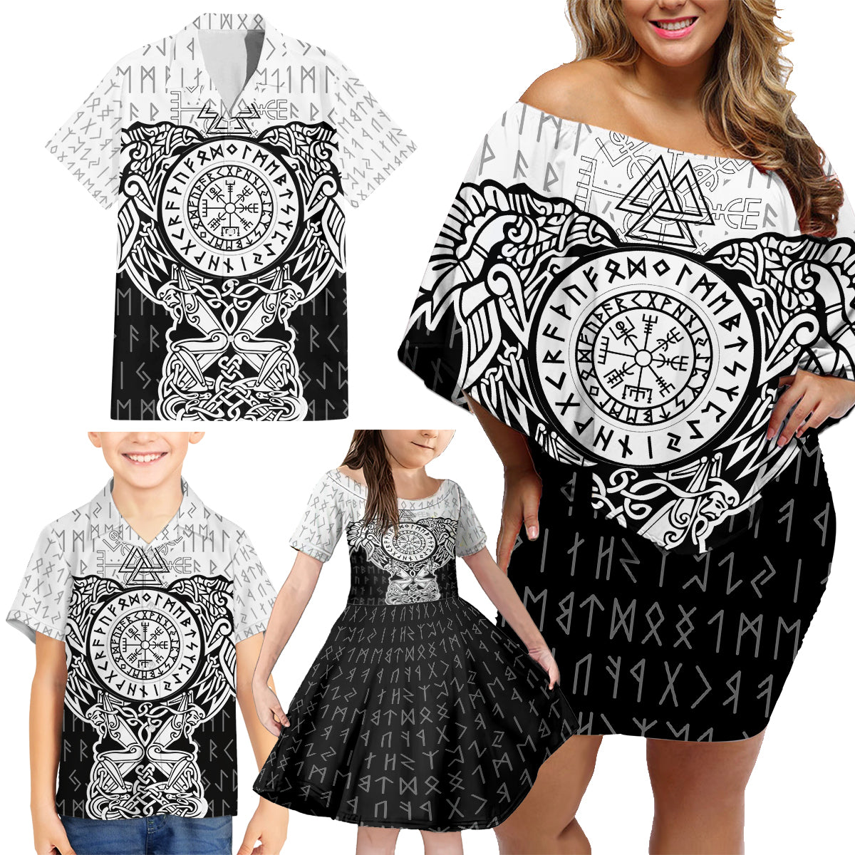 Viking Tattoo Family Matching Off Shoulder Short Dress and Hawaiian Shirt Hugin And Munin Asgardian Ravens Grunge Art - Wonder Print Shop