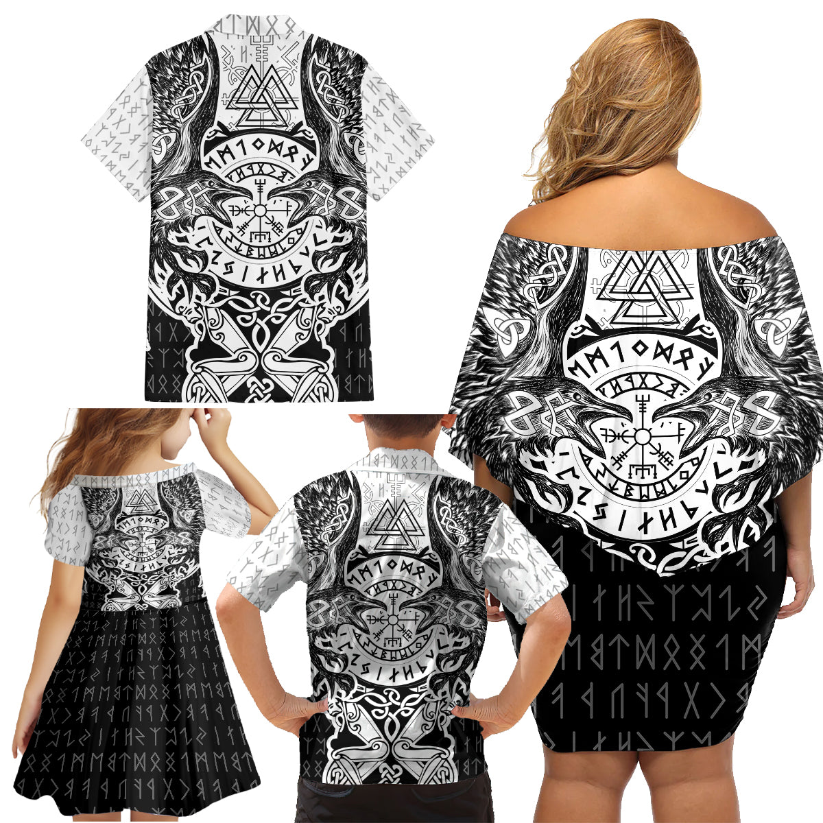 Viking Tattoo Family Matching Off Shoulder Short Dress and Hawaiian Shirt Hugin And Munin Asgardian Ravens Grunge Art - Wonder Print Shop
