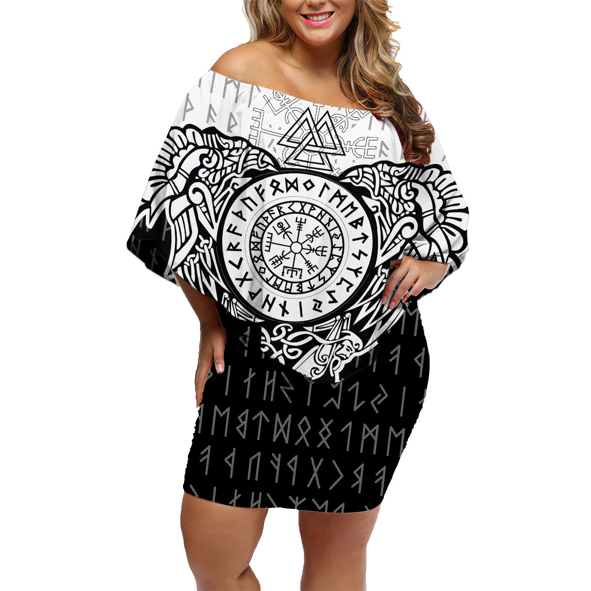 Viking Tattoo Family Matching Off Shoulder Short Dress and Hawaiian Shirt Hugin And Munin Asgardian Ravens Grunge Art - Wonder Print Shop