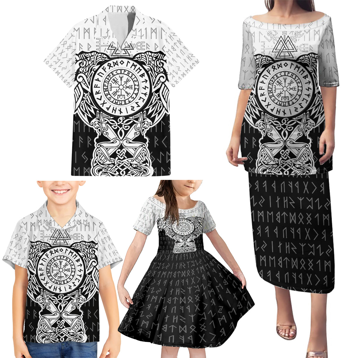 Viking Tattoo Family Matching Puletasi Dress and Hawaiian Shirt Hugin And Munin Asgardian Ravens Grunge Art - Wonder Print Shop
