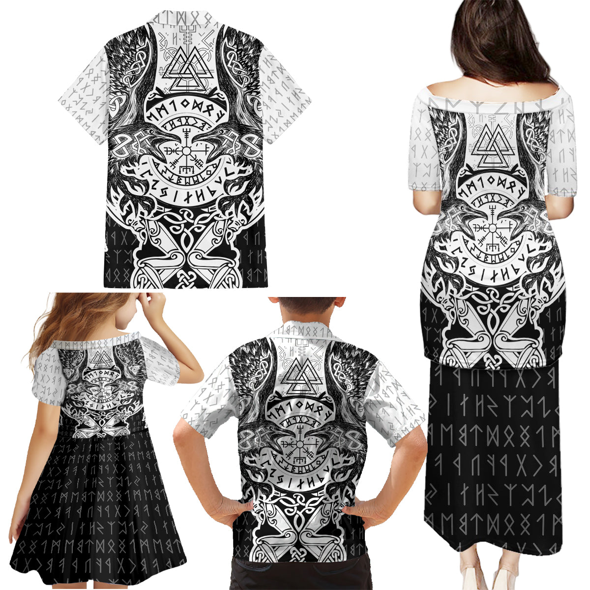 Viking Tattoo Family Matching Puletasi Dress and Hawaiian Shirt Hugin And Munin Asgardian Ravens Grunge Art - Wonder Print Shop