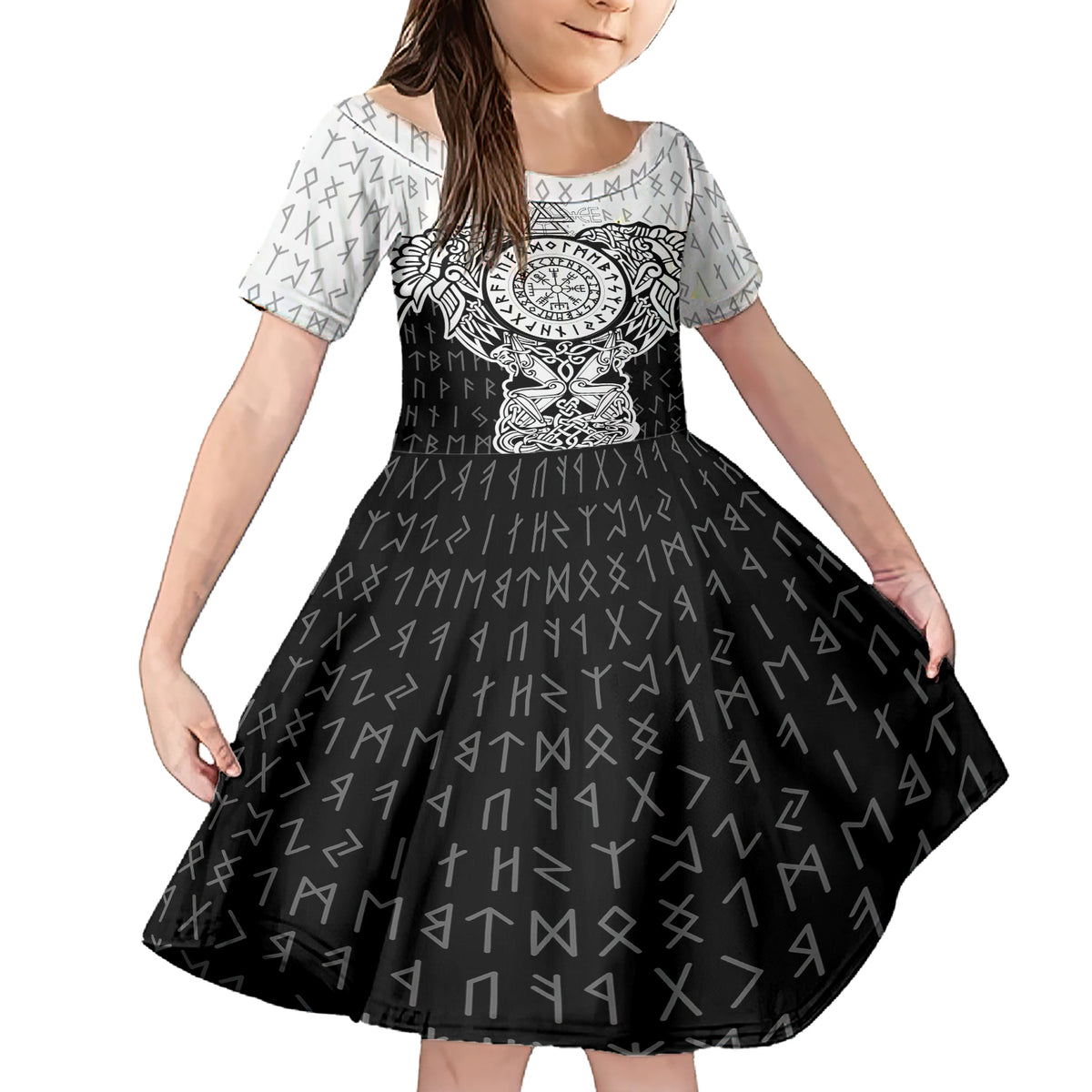 Viking Tattoo Family Matching Short Sleeve Bodycon Dress and Hawaiian Shirt Hugin And Munin Asgardian Ravens Grunge Art - Wonder Print Shop