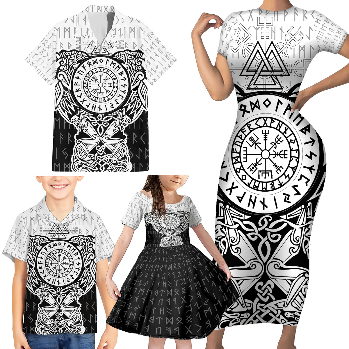 Viking Tattoo Family Matching Short Sleeve Bodycon Dress and Hawaiian Shirt Hugin And Munin Asgardian Ravens Grunge Art - Wonder Print Shop