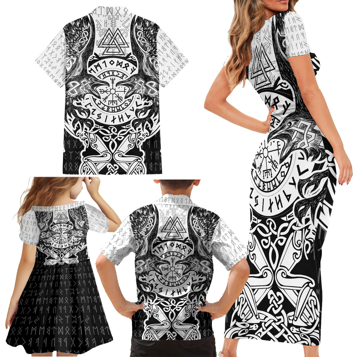 Viking Tattoo Family Matching Short Sleeve Bodycon Dress and Hawaiian Shirt Hugin And Munin Asgardian Ravens Grunge Art - Wonder Print Shop