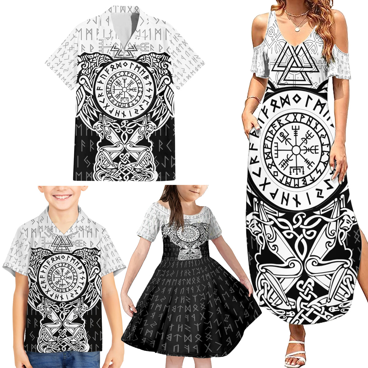 Viking Tattoo Family Matching Summer Maxi Dress and Hawaiian Shirt Hugin And Munin Asgardian Ravens Grunge Art - Wonder Print Shop